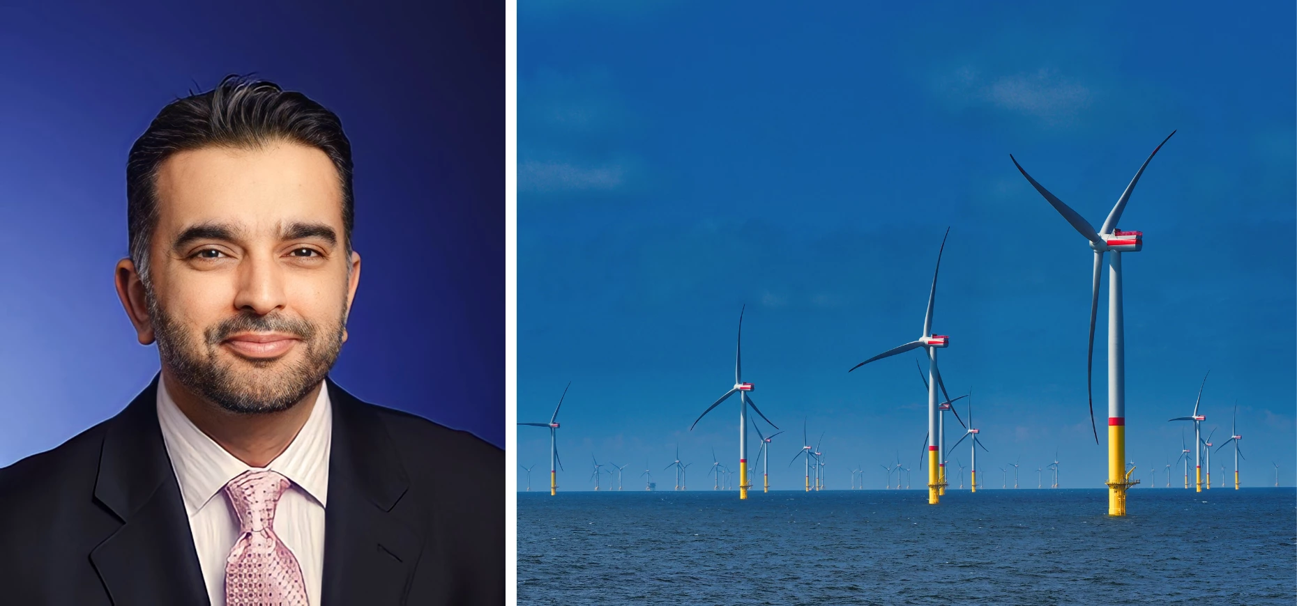 Ahmed Goga, newly appointed director of the Great South West Partnership, pictured alongside an offshore wind farm.
