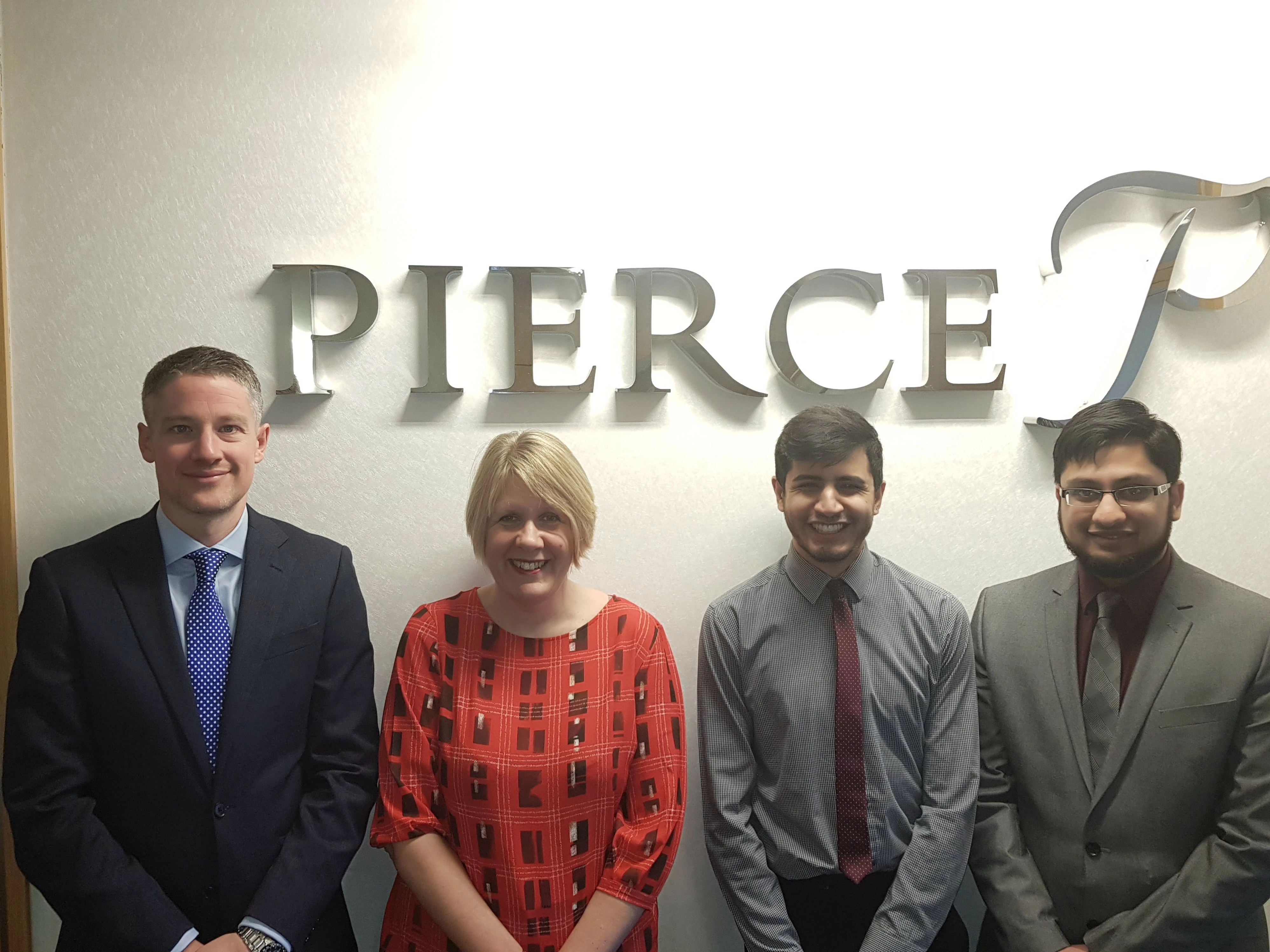 Chartered financial planner Marcus Pilkington with Pierce’s new recruits Janet Moorhouse, Adam Zinga and Waqas UrRehman 
