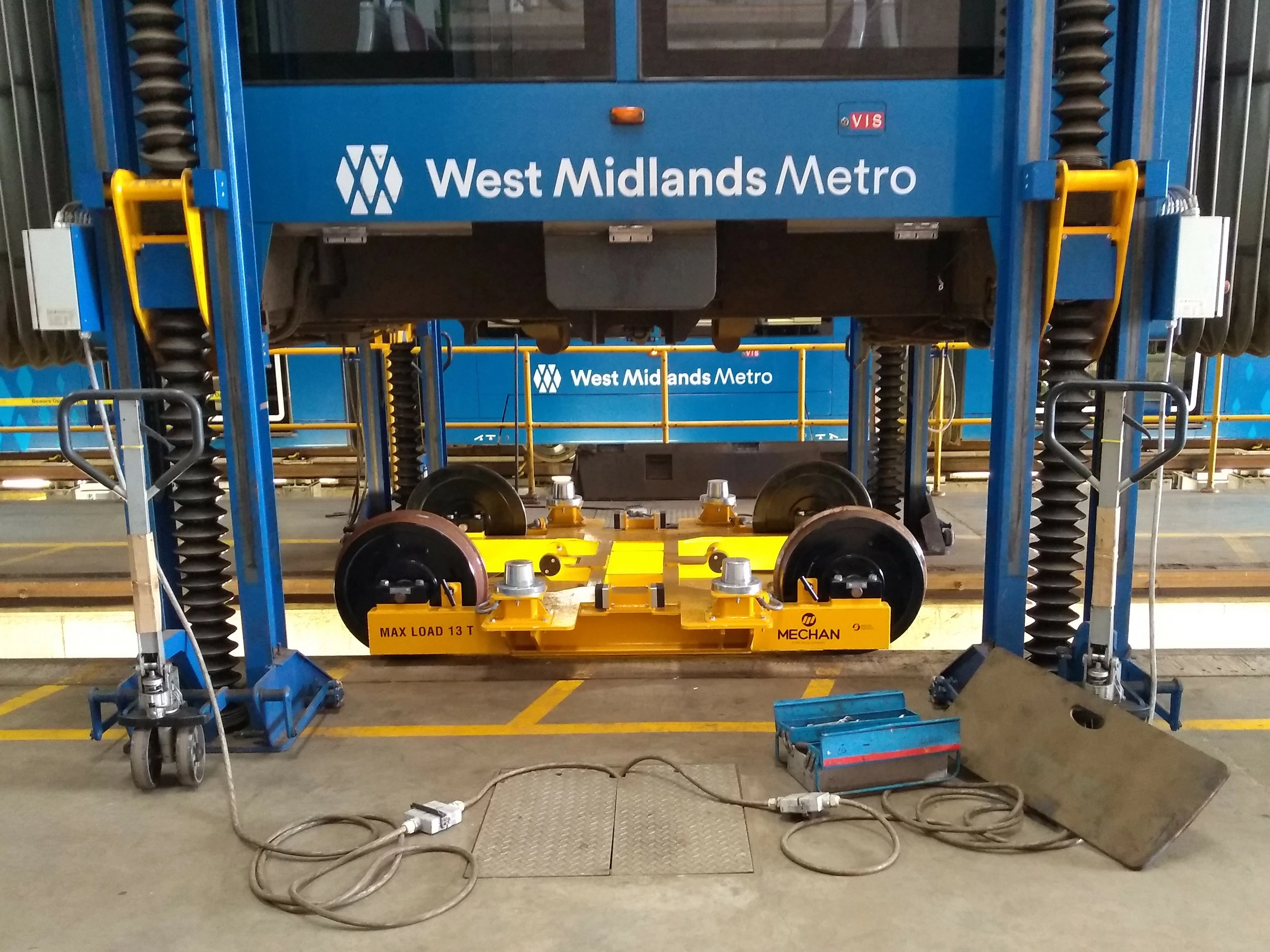 One of Mechan's accommodation bogies in action at Midland Metro's Wednesbury depot.