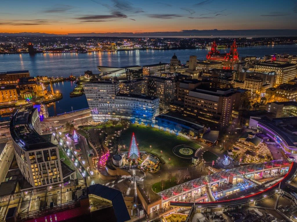 An aerial shot of Liverpool ONE, Christmas 2023