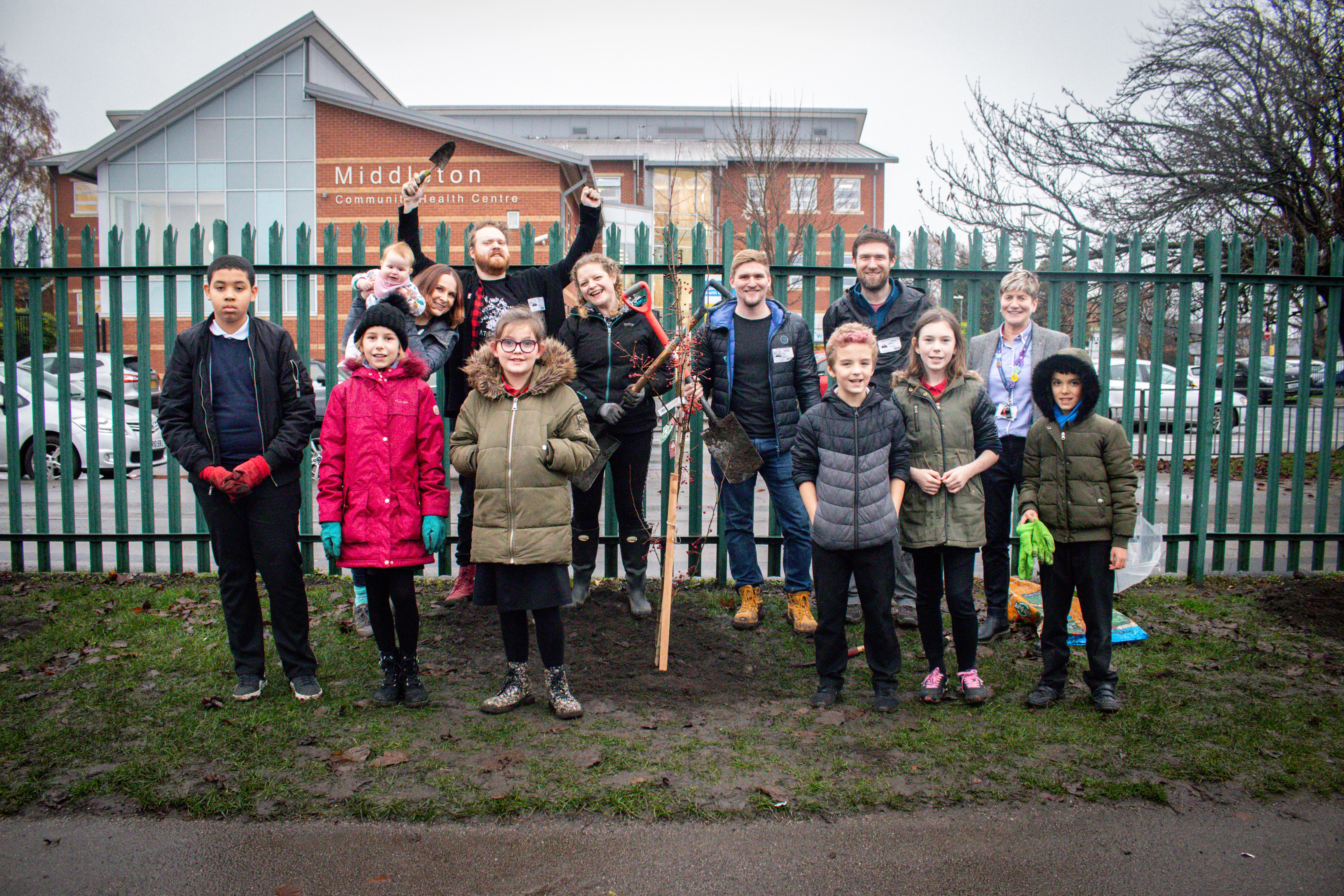 Splitpixel Creative team and Middleton Primary students with their newly planted tree #EveryTreeCounts
