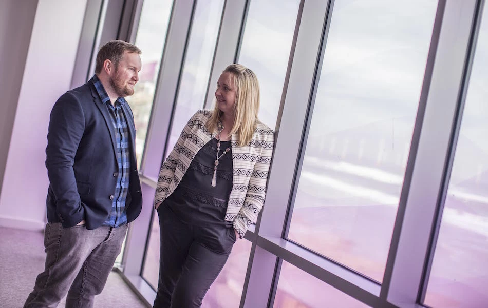 Area Manager Sarah Thorpe of UK Steel Enterprise with Matthew Pearsall who moved his digital agency start-up Hype from home into business premises with help from UKSE’s Regeneration Fund.