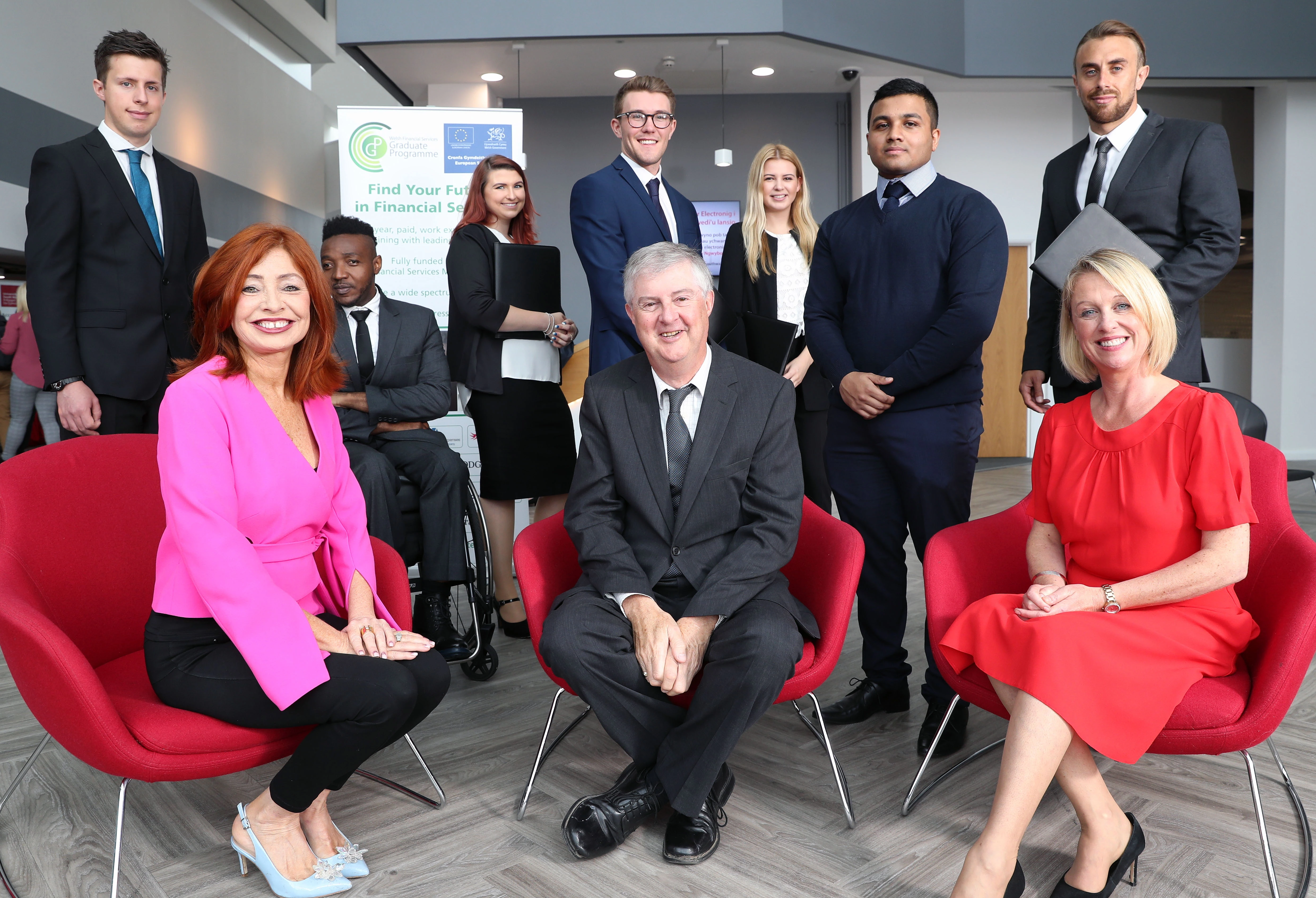 Minister Mark Drakeford joins organisers and graduates from the Welsh Financial Services Graduate Programme