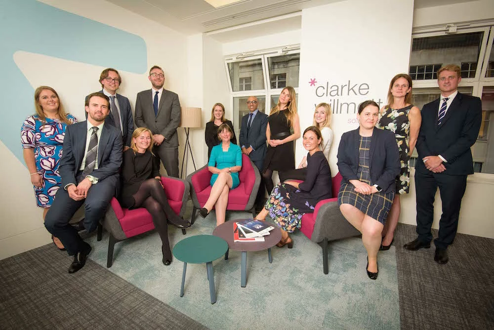 Head of office Priscilla Hall (centre, seated) with Clarke Willmott’s London team