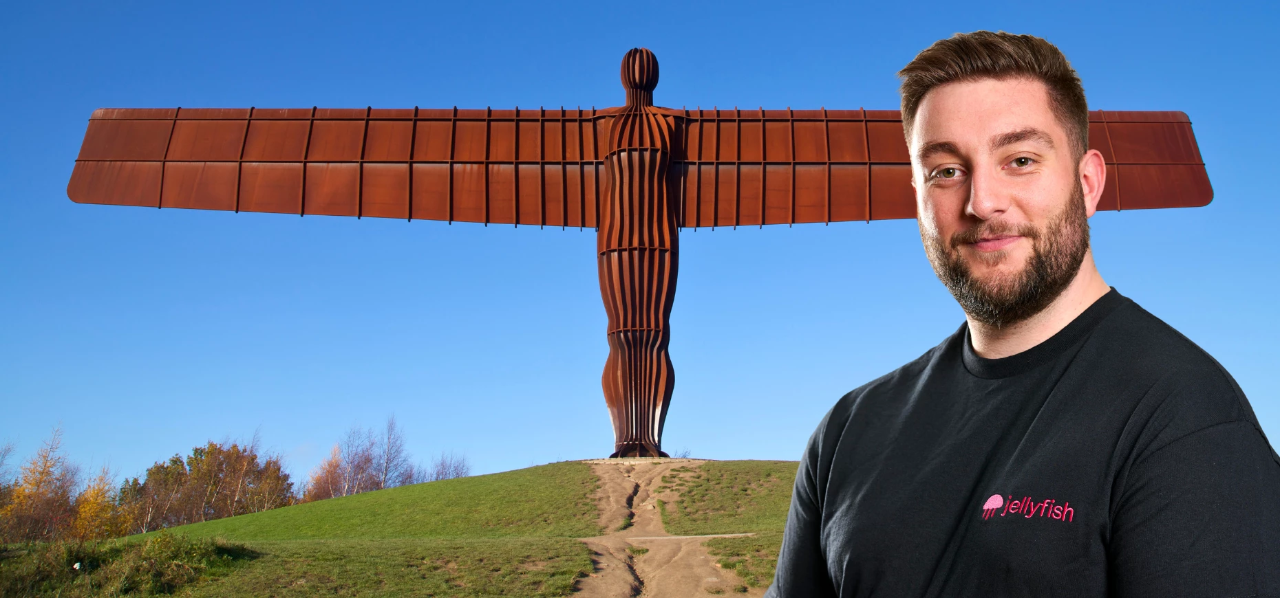 Aidon Hudson, CEO at Jellyfish Energy, in front of the Angel of the North.