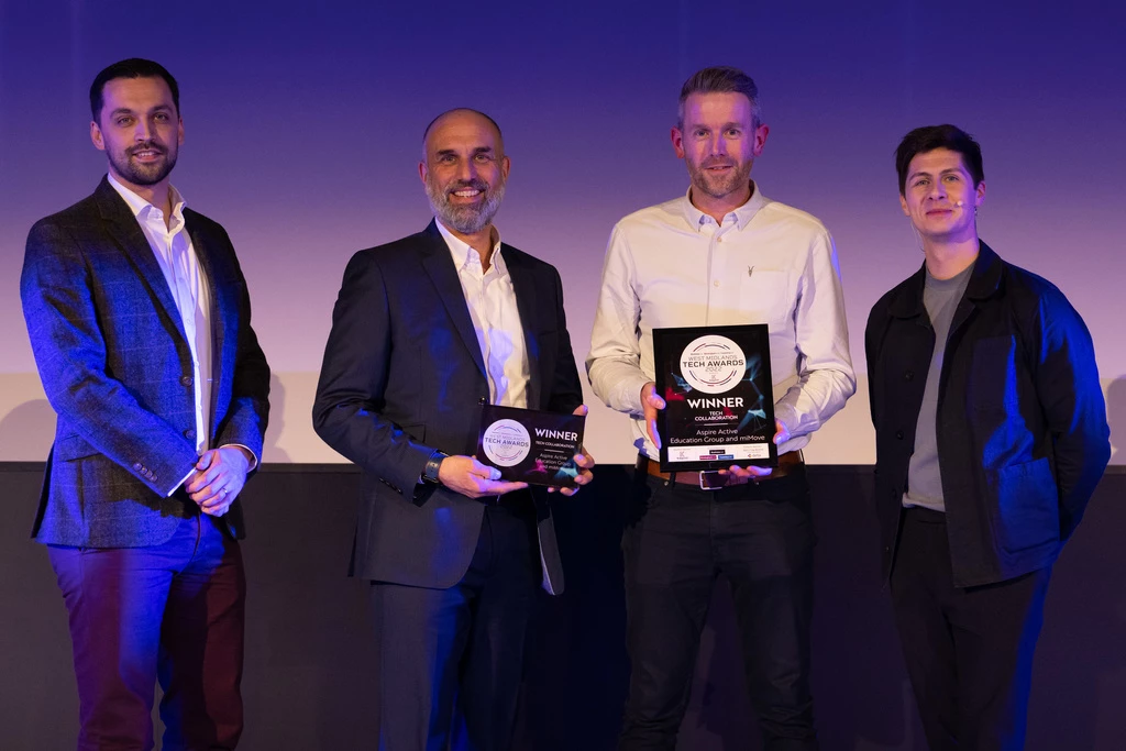 Greg Dryer of miMove, second left, and Paul Griffiths of Aspire, second right, receive the West Midlands Tech Awards tech collaboration prize
