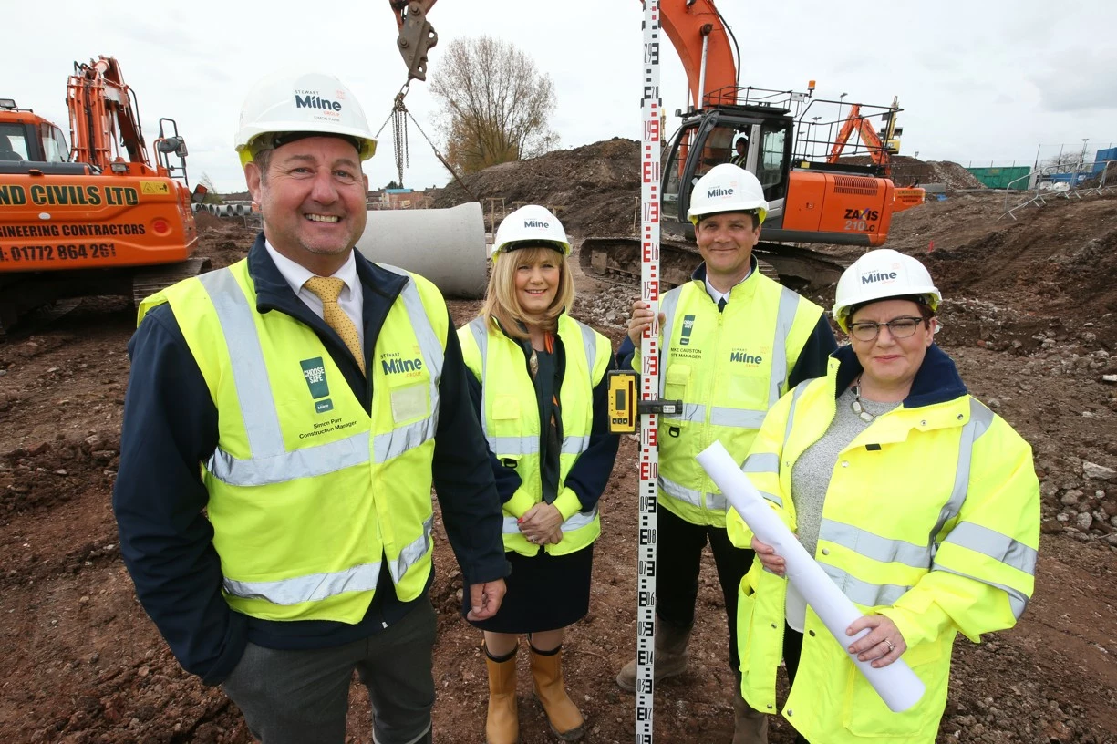 L-R: Stewart Milne Homes’ Simon Parr (construction manager), Angela Halliwell (sales consultant), Mike Causton (site manager) and Lynne Vogel (sales manager)