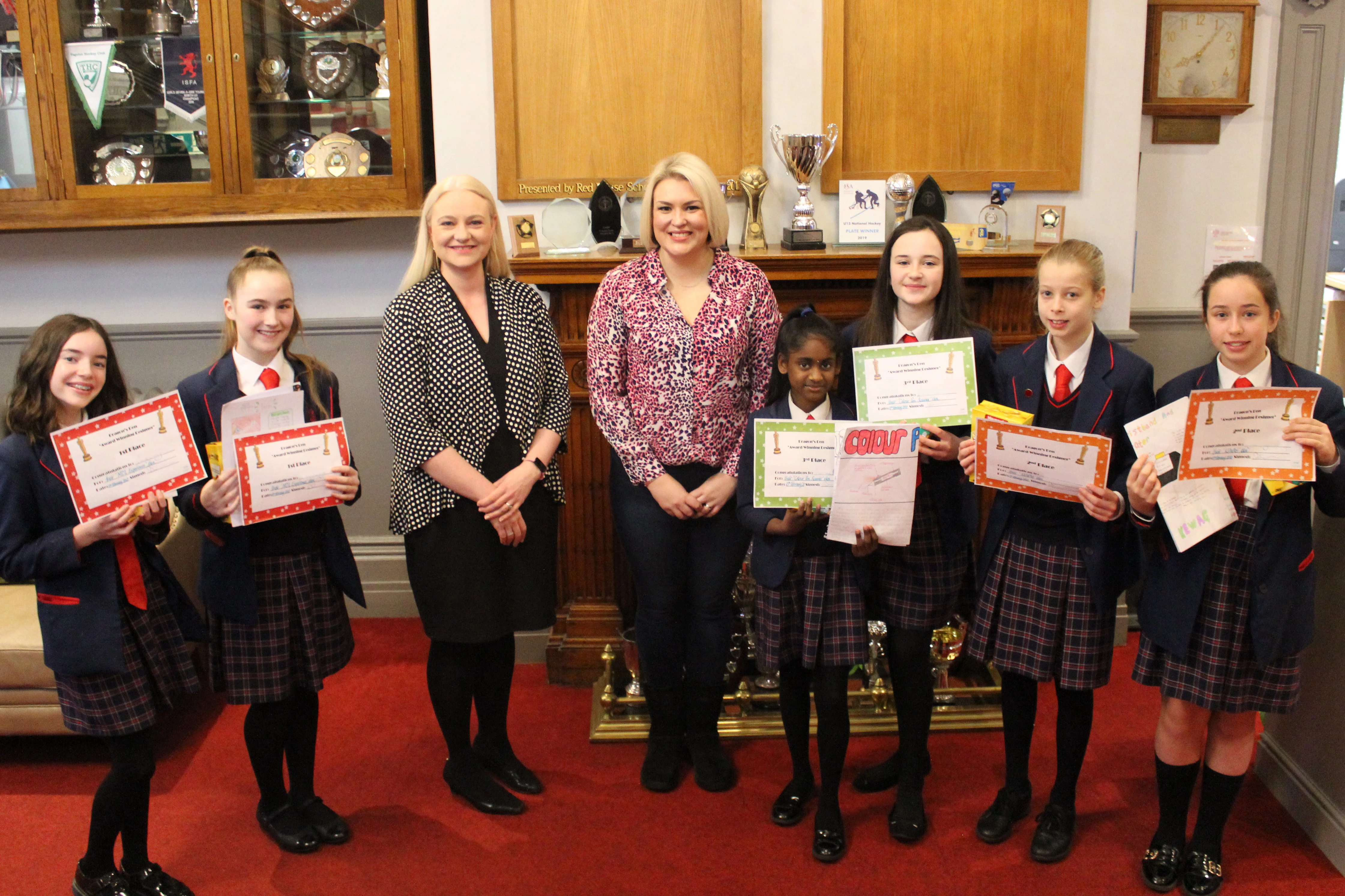 Red House School’s Head of English, Collette Fryer and Sara Davies MBE with Year 7 pupils