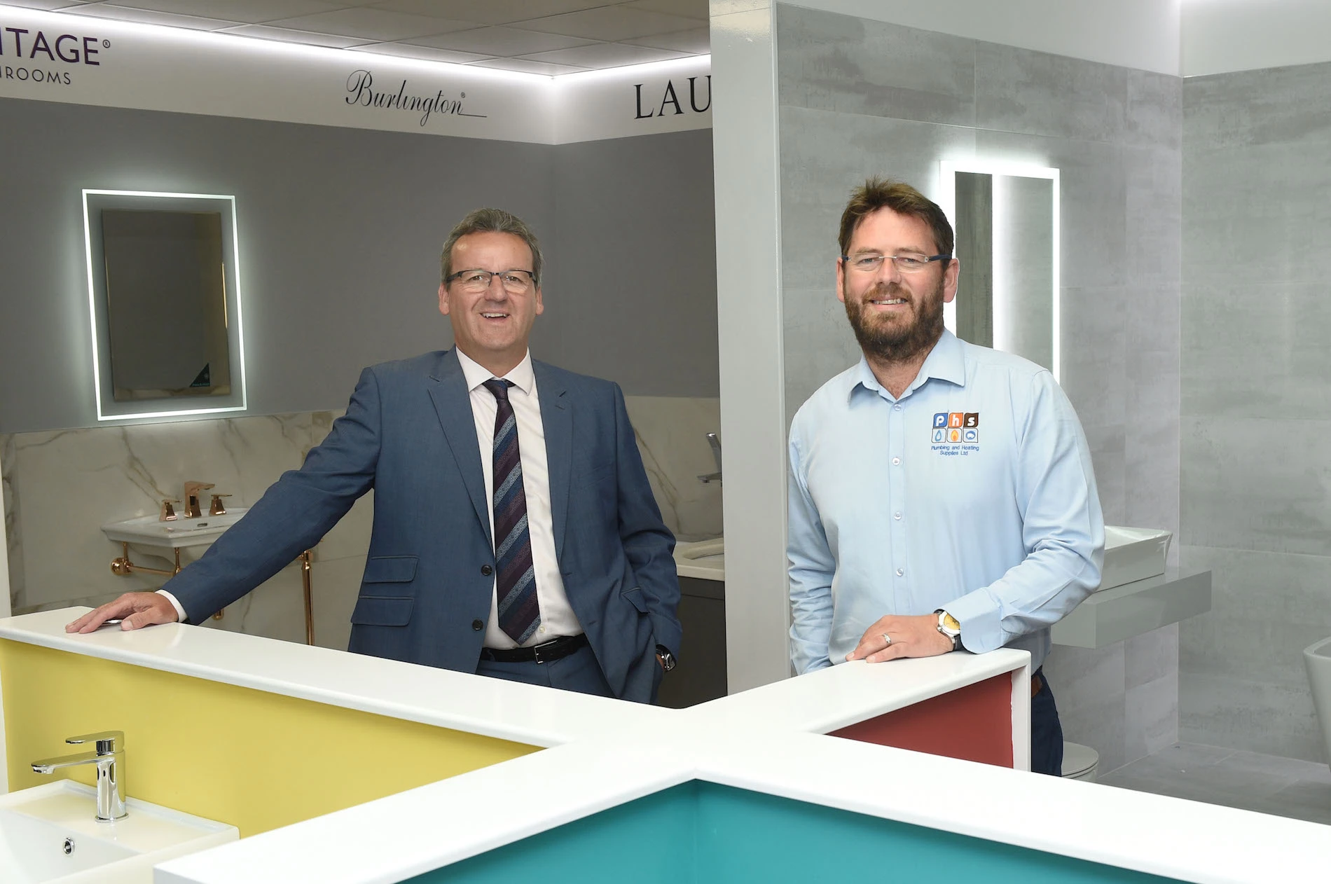 Mandale’s Joe Darragh (left) with Aidan Forshaw at the new Durham premises of Plumbing and Heating Supplies on Mandale Park.