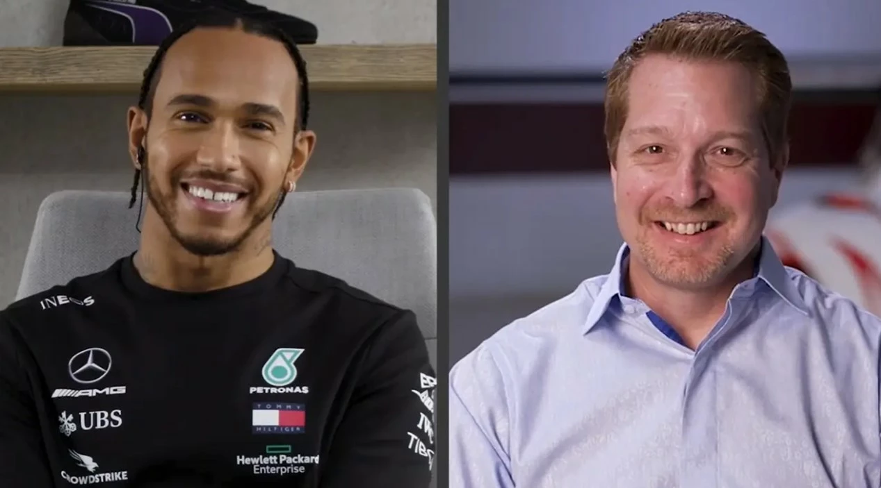 Formula One racing legend Lewis Hamilton and CrowdStrike CEO George Kurtz