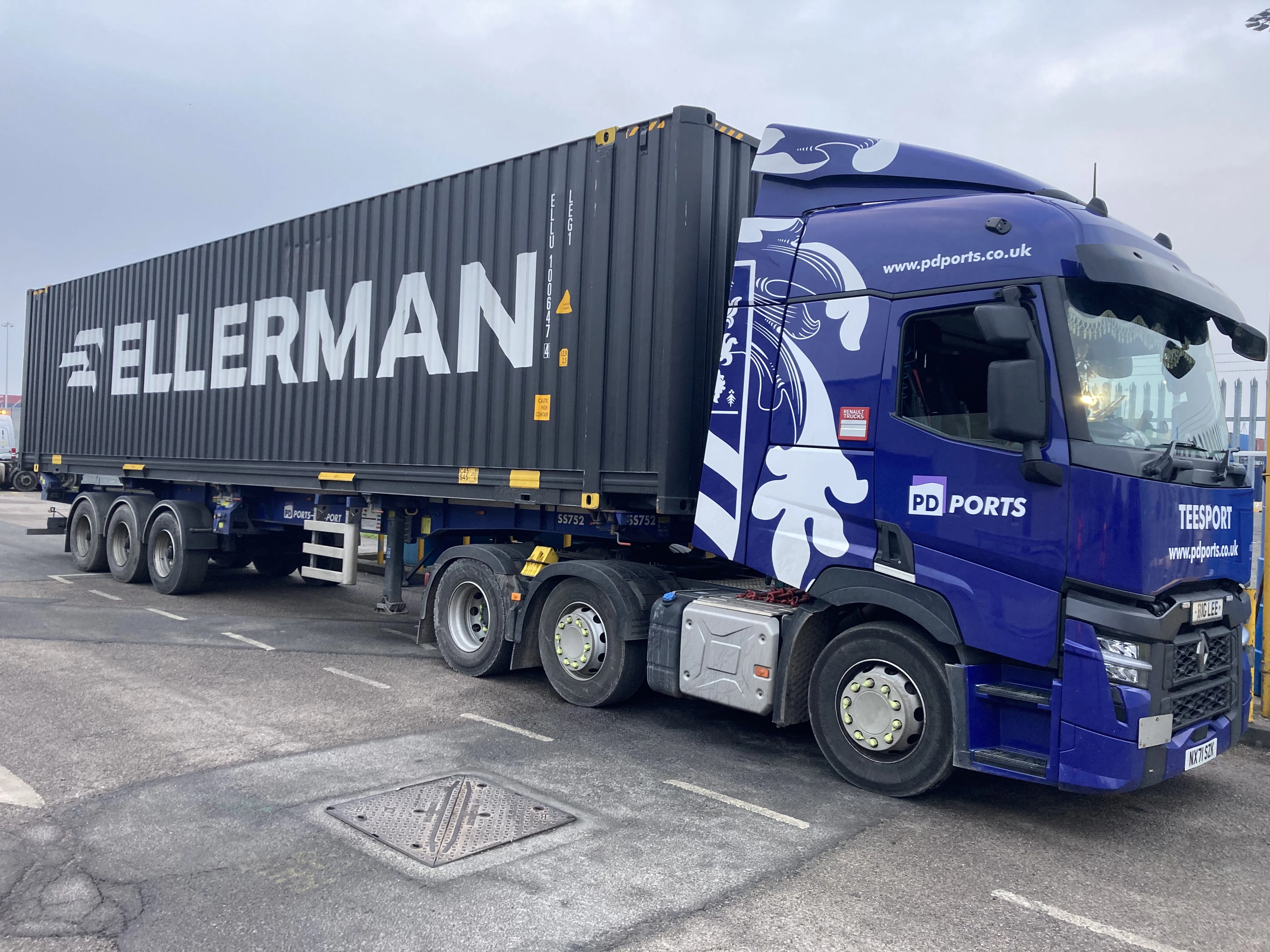 PD Ports transporting an Ellerman shipping container