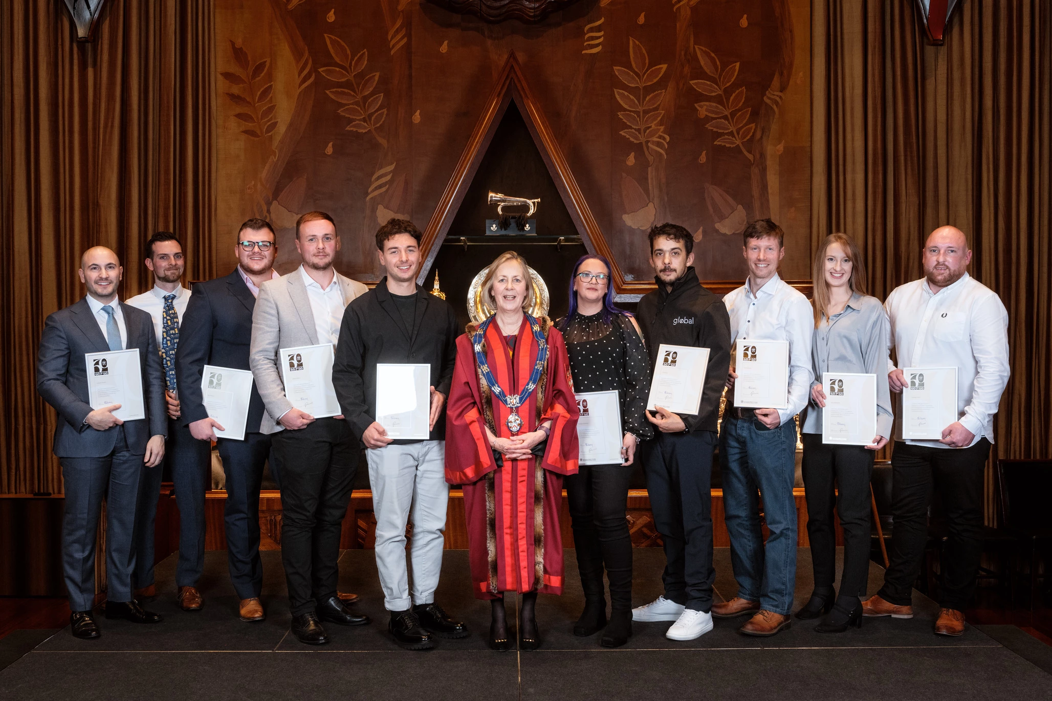 Amanda Waring, Master of the Furniture Makers’ Company, with some of the winners of the Furniture Makers’ Company’s ‘60 for 60’ in Yorkshire