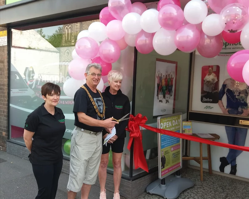Gymophobics Belper Owner Sara Stainsby, with Gymophobics Founder Donna Hubbard and Belper Town Mayor Simon Mallett