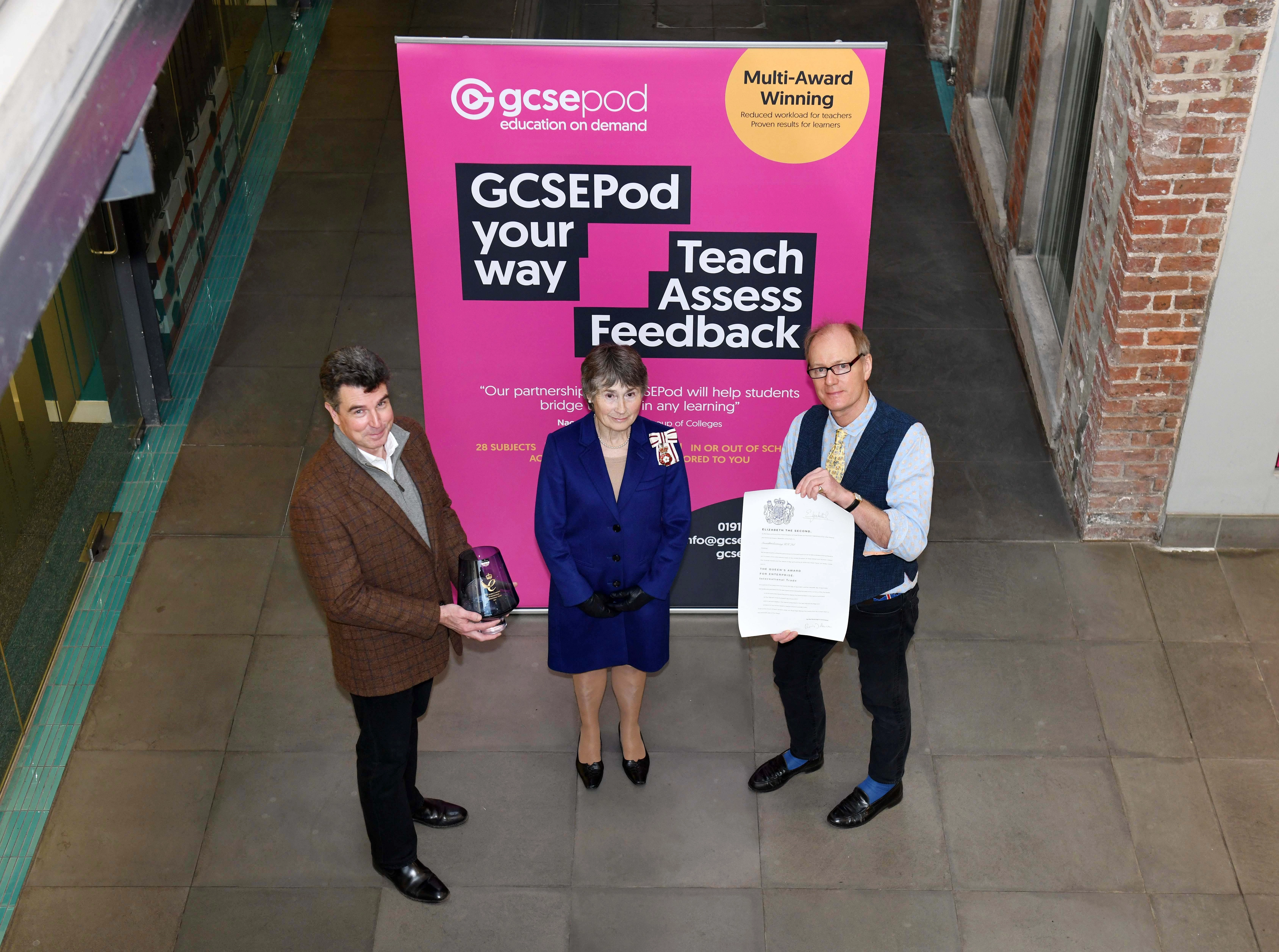 Co-founders of GCSEPod, Anthony Coxon and Ian Thompson are presented with The Queen's Award for Enterprise: International Trade by the Lord-Lieutenant of Tyne and Wear, Mrs Susan Winfield