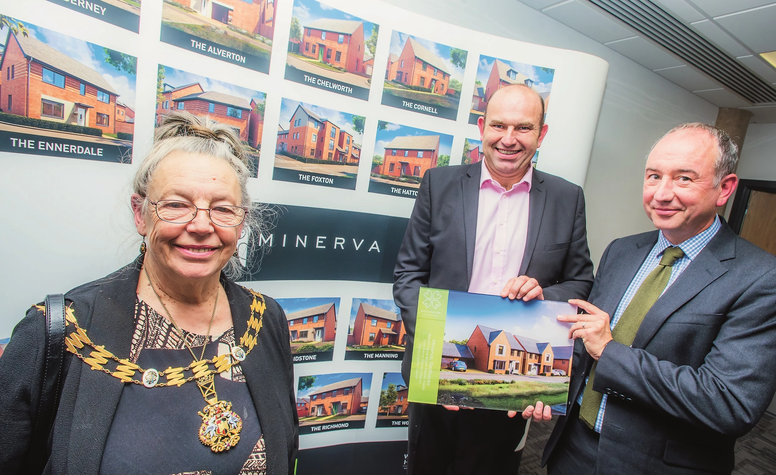 The Lord Mayor of Exeter, Councillor Lesley Robson with Paul Moran managing director of Barratt in Exeter and David Birkbeck, CEO, Design for Homes.