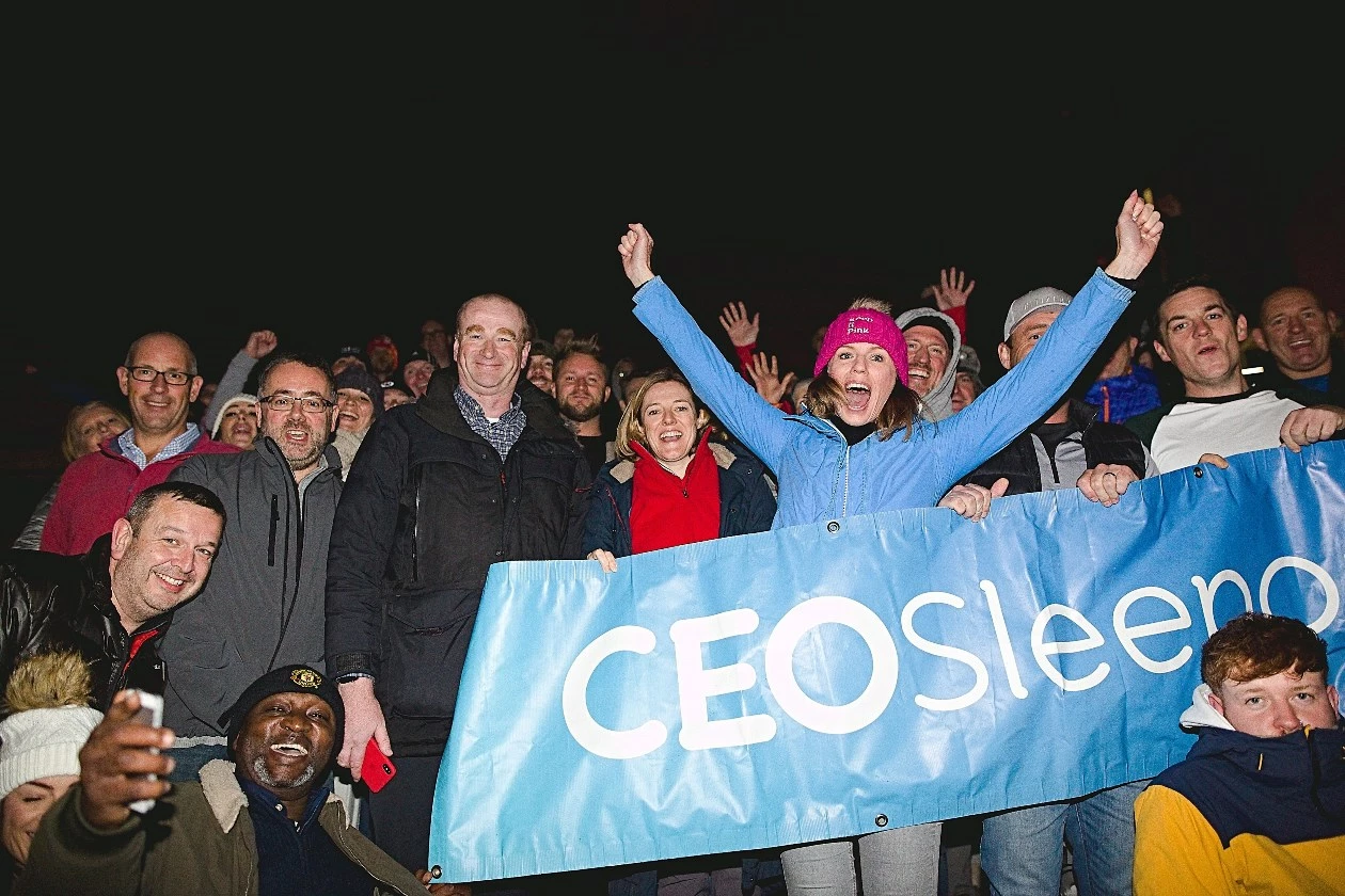 Bianca Robinson (CEO Sleepout) with participants of the Manchester sleepout in 2018