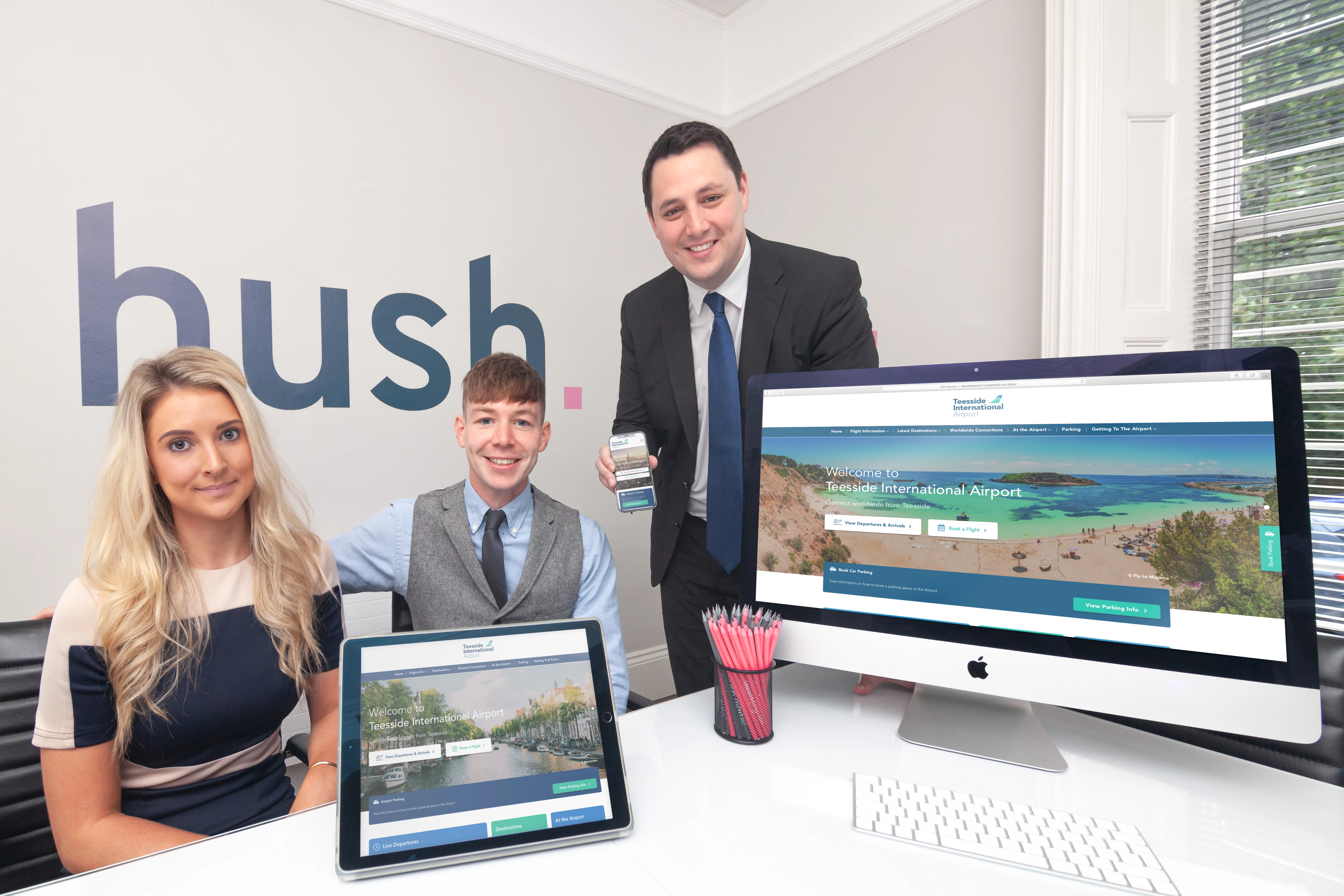 (L-R) Rosie Whelpton, Business Development Director at Hush Digital, Jonny Overfield, Creative Director at Hush Digital and Ben Houchen, Tees Valley Mayor