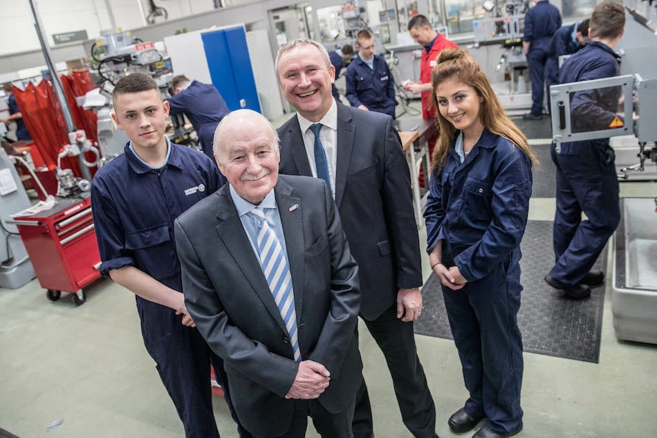 Student Shaun Evans, Geoff Ford MBE, Chris Toon of Gateshead College and student Courtney Davidson