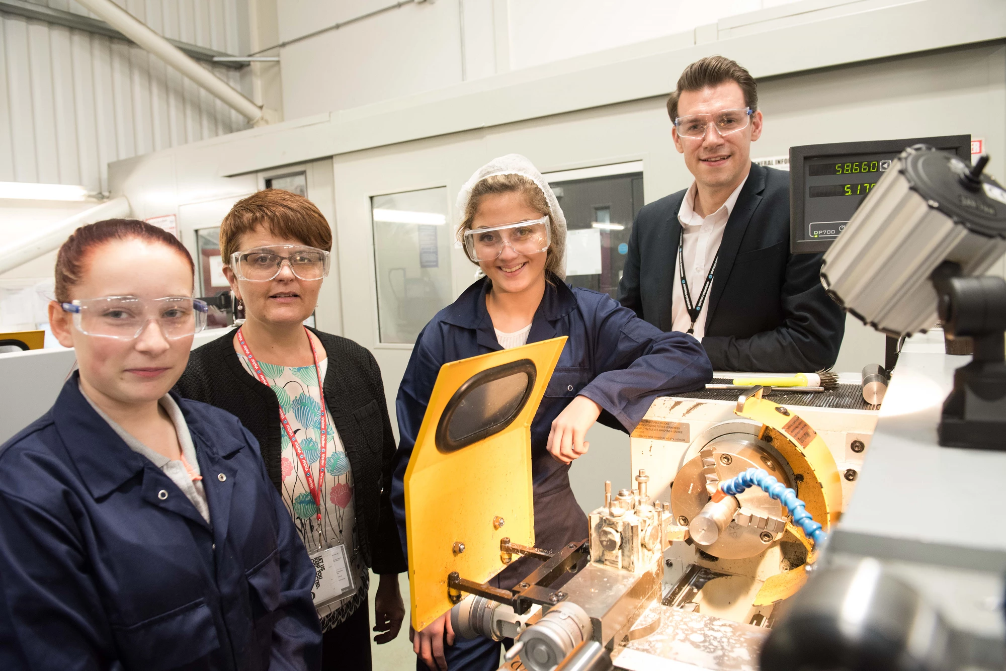 Student Mary Kate Moan, Catherine Sezen, senior policy manager at Association of Colleges, student Courtney Davidson and Zac Aldridge, assistant principal for STEM at Gateshead College 