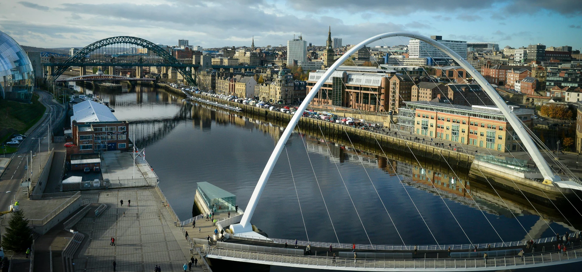 Stunning aerial view of bridges over the River Tyne in Newcastle, capturing urban architecture and vibrant skyline.