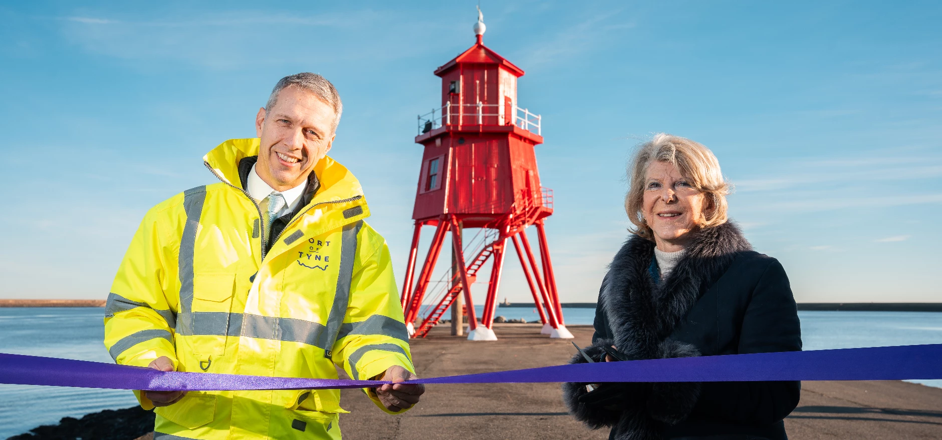 Matt Beeton, CEO of Port of Tyne and Dame Margaret Barbour DBE DL officially reoping the Herd Groyne lighthouse.jpg
