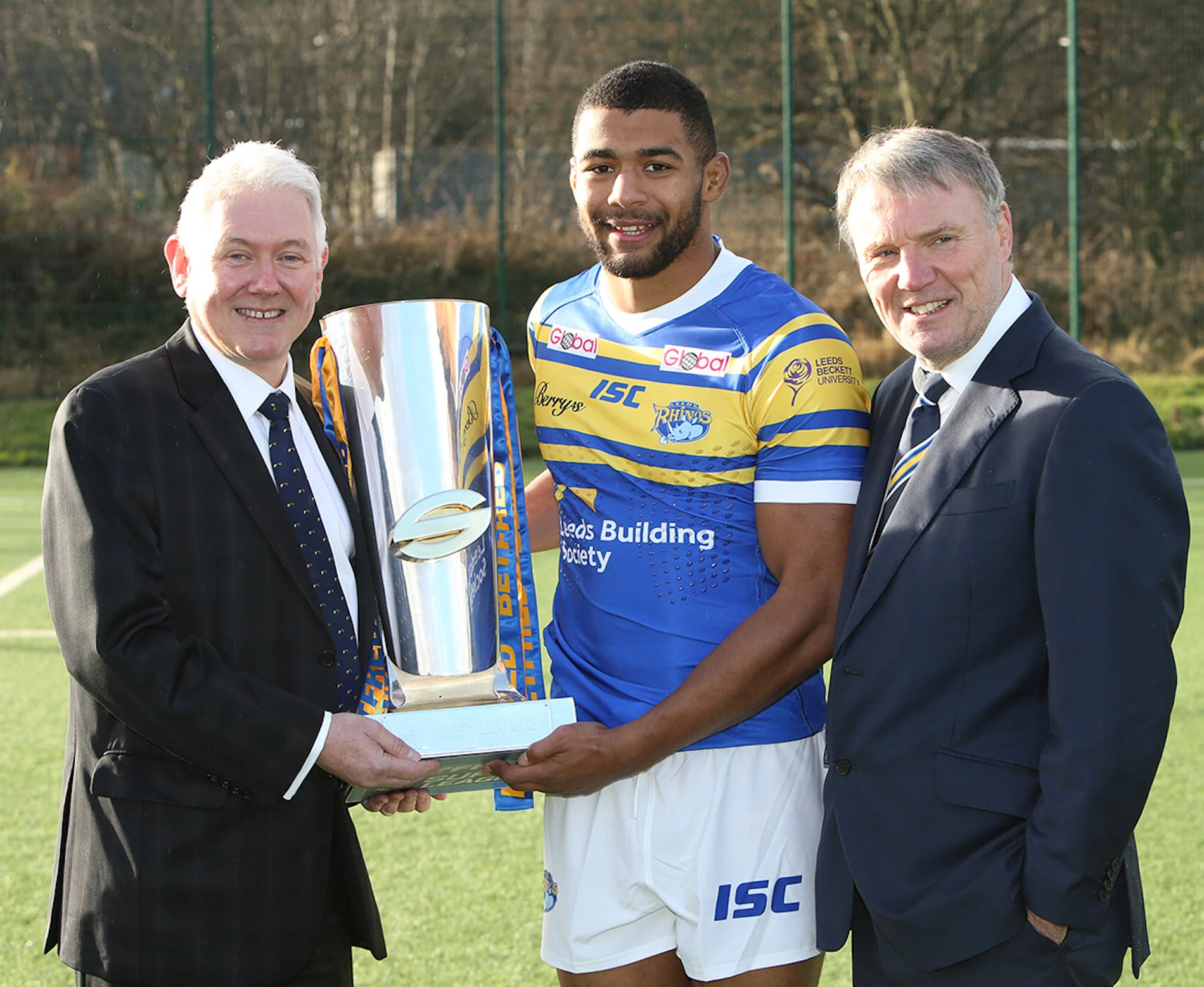 Peter Hill, Leeds Building Society Chief Executive Officer, is pictured with the Super League trophy, with new Rhinos team captain Kallum Watkins and Gary Hetherington, Leeds Rhinos Chief Executive.