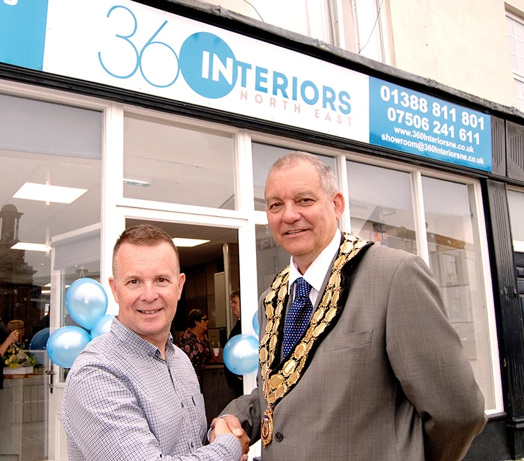 Spennymoor Mayor Cllr Clive Maddison welcomes Barrie Soulsby, Director of 360 Interiors North East, to town after he officially opened the company’s first ever showroom