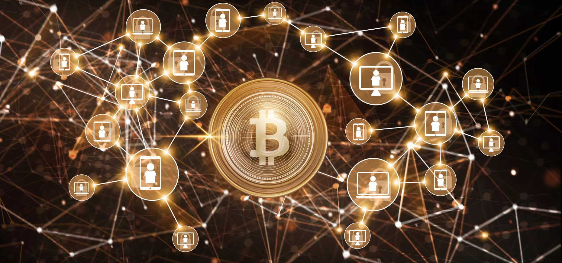 A CG image depicting the Blockchain with a Bitcoin at the centre.