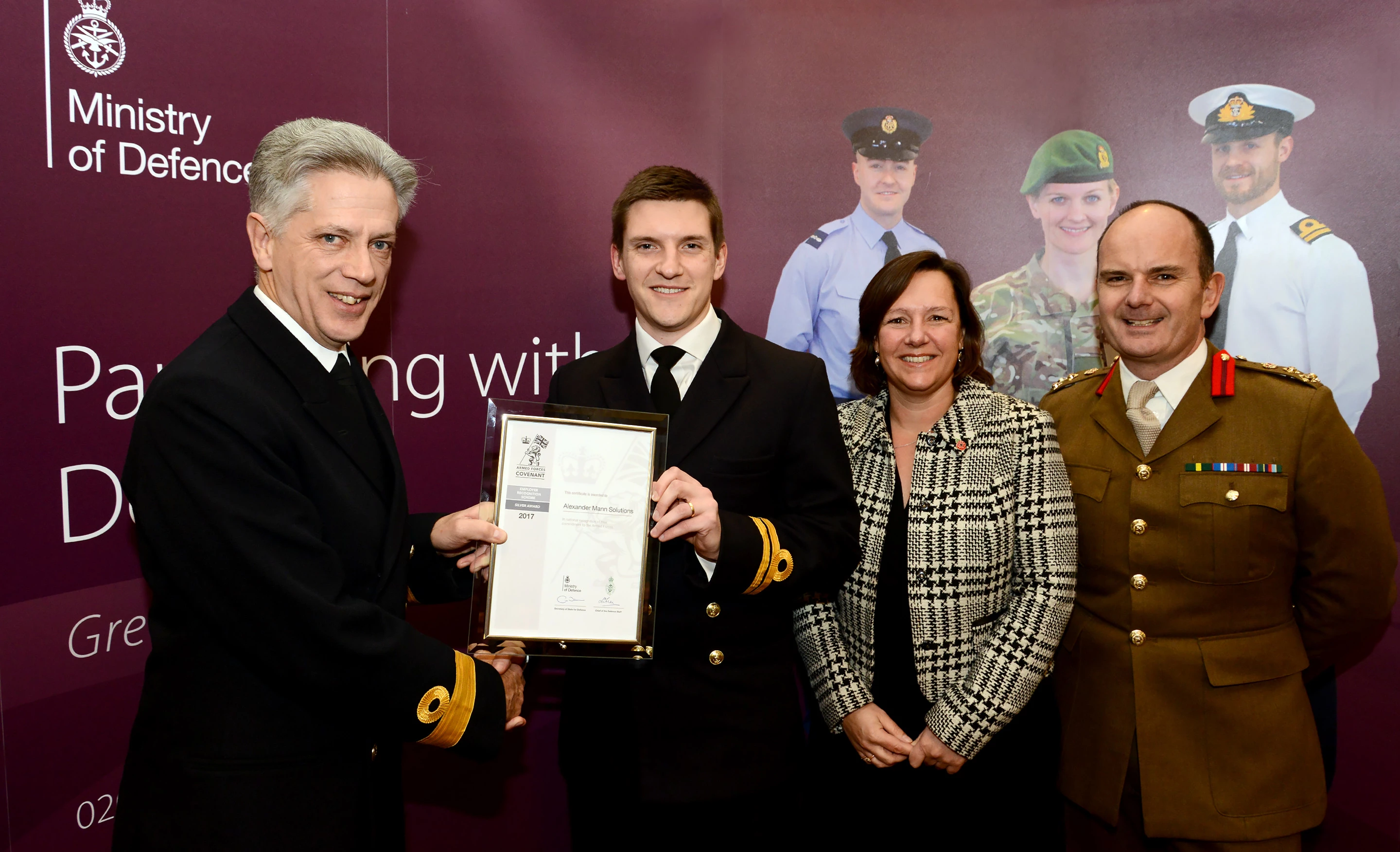 From left to right, David Elford RN, Commodore, Oliver Holland RNR, Lieutenant and Recruitment Manager at Alexander Mann Solutions, Lucy Wood, Head of Client services and ex-Artillery Officer, and Marc Overton, Brigadier