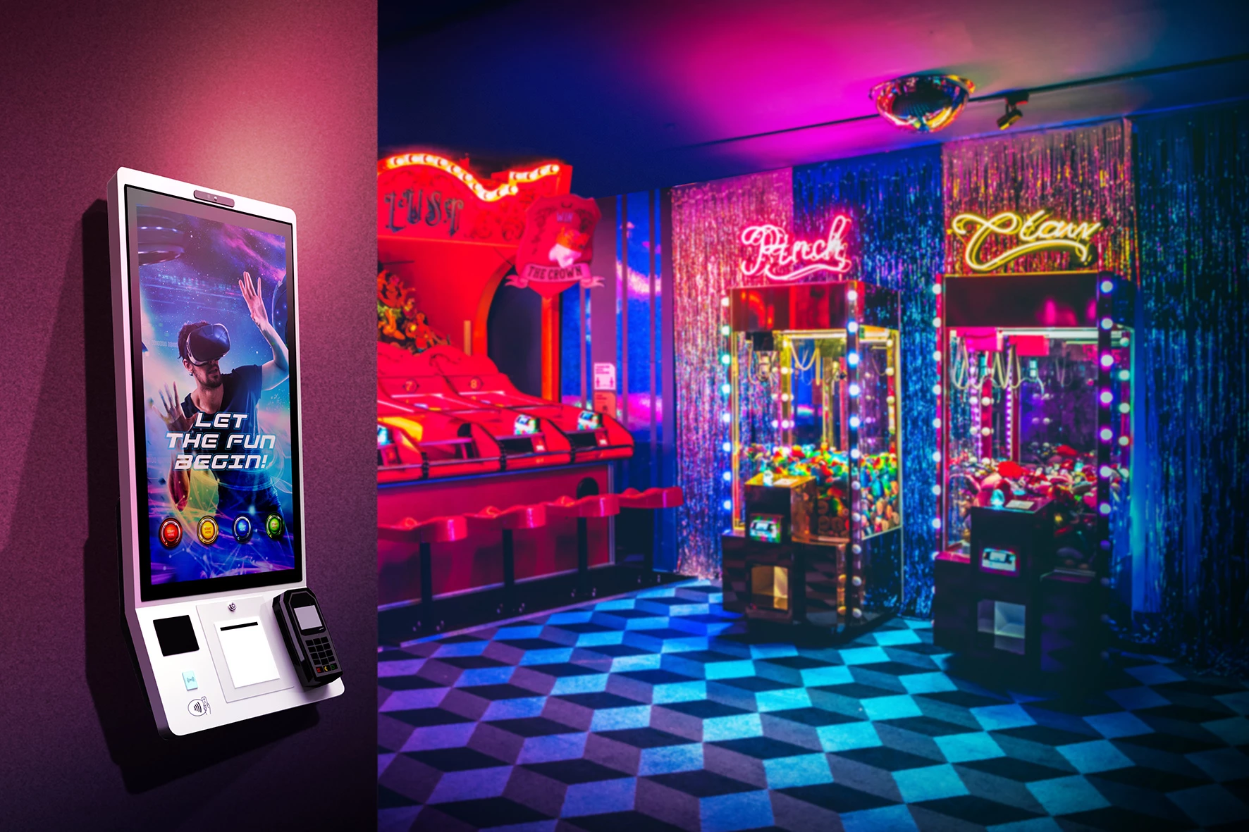 Digital mockup of Embed's Cashless Hardware, Kiosk+ in an arcade