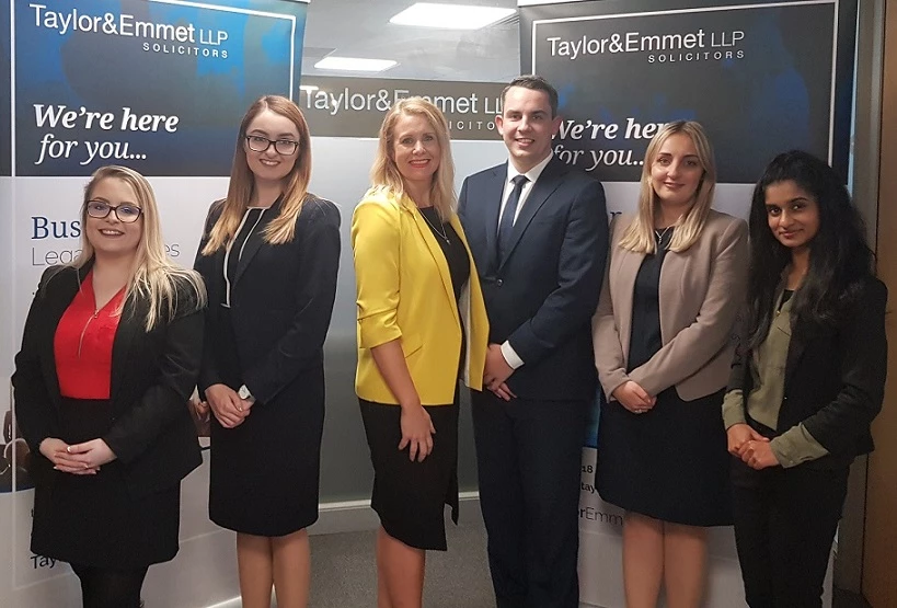 Taylor&Emmet head of HR, Sharna Poxon (third left) with trainees (left to right): Martha O’Toole, Samantha Sims, Oliver Simpson, Laura Hardy and Sabrina Rahman