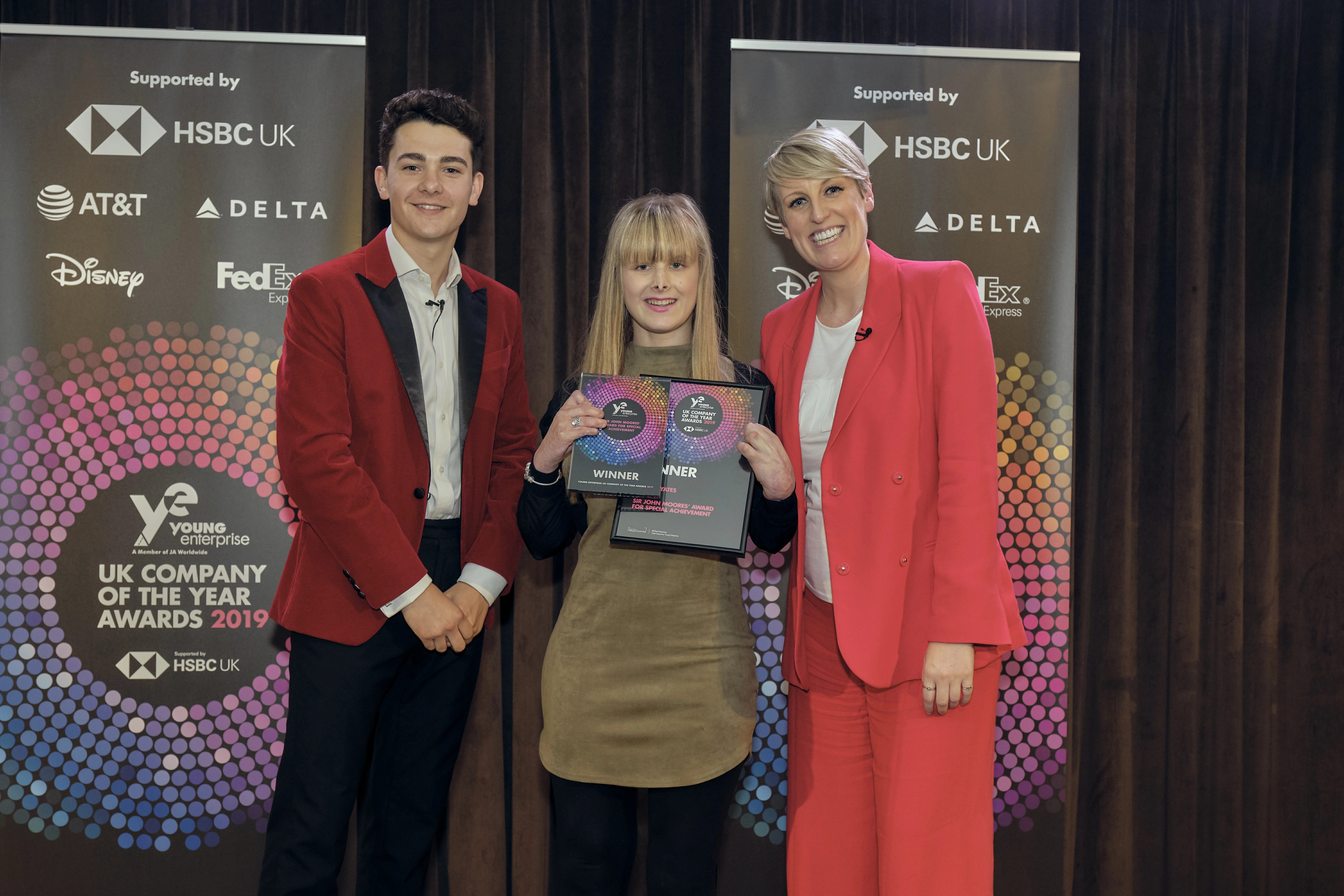 Megan Yates, at the Young Enterprise final 2019 with young entrepreneur Ben Towers and TV presenter, Steph McGovern.