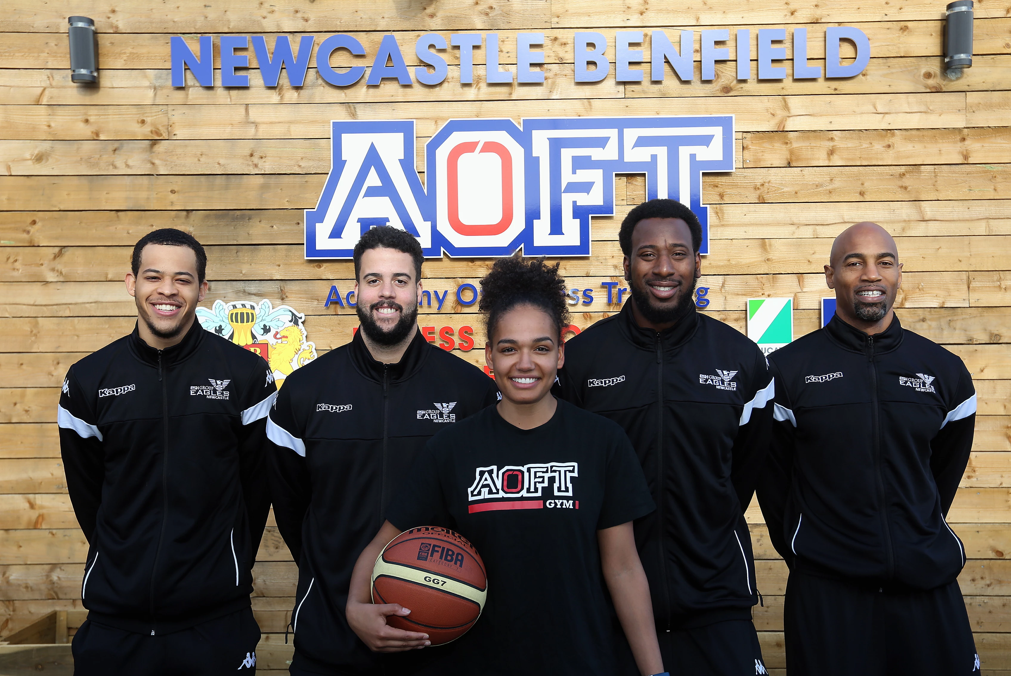 AOFT gym manager Levi Williams with Newcastle Eagles (L to R) Kyle Williams, Jamal Williams, Darius Defoe and Fabulous Flournoy.