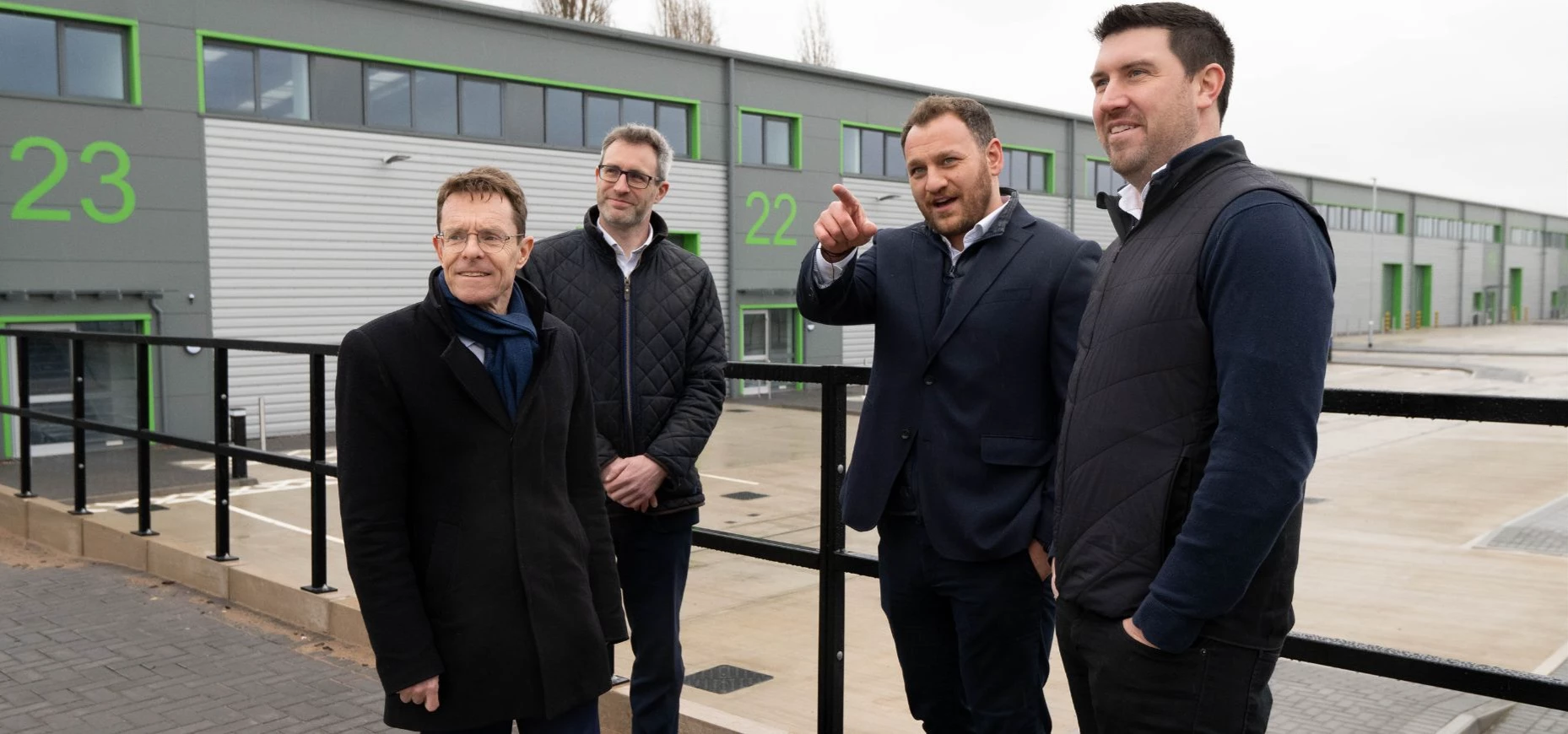 (L-R): Andy Street, Mayor of the West Midlands and Chair of the WMCA, Ed Bradburn, FDC Investment Director, Rob Watts, Development Manager at Chancerygate and Dan Powers, Project Management Director at the newly completed Holbrook Park in Coventry.