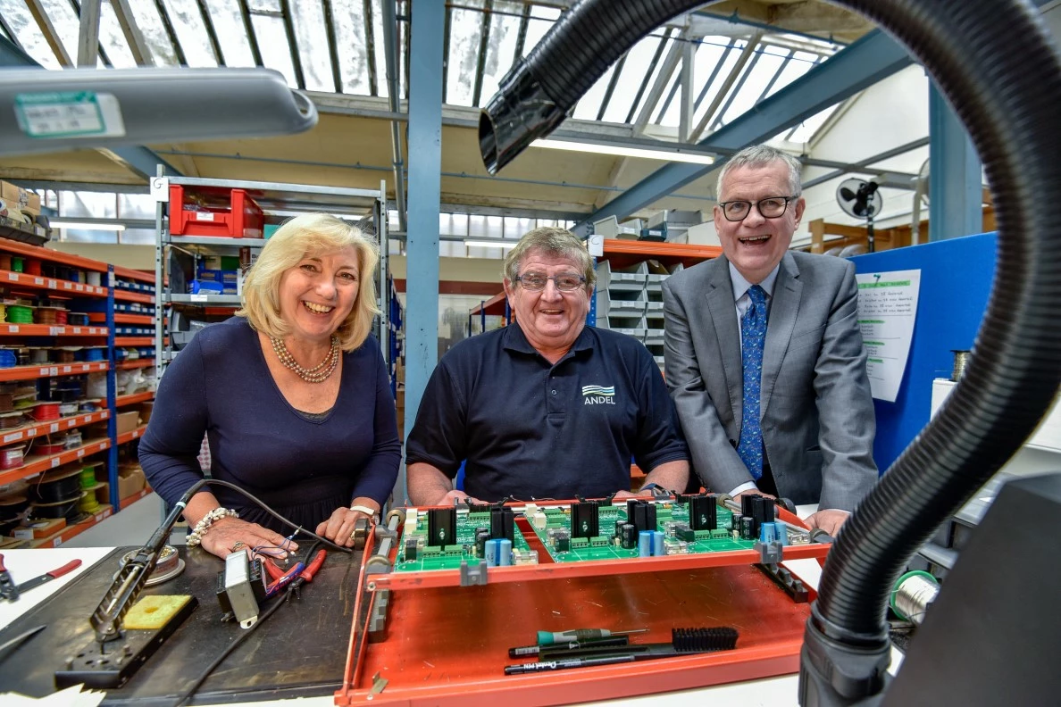 Lord Newby paid a visit to Andel's head office in Marsden, Huddersfield: Julie Greenwood, managing director of Andel; Roger Sharp, technician at Andel and Lord Newby, Leader of the Liberal Democrats in the House of Lords