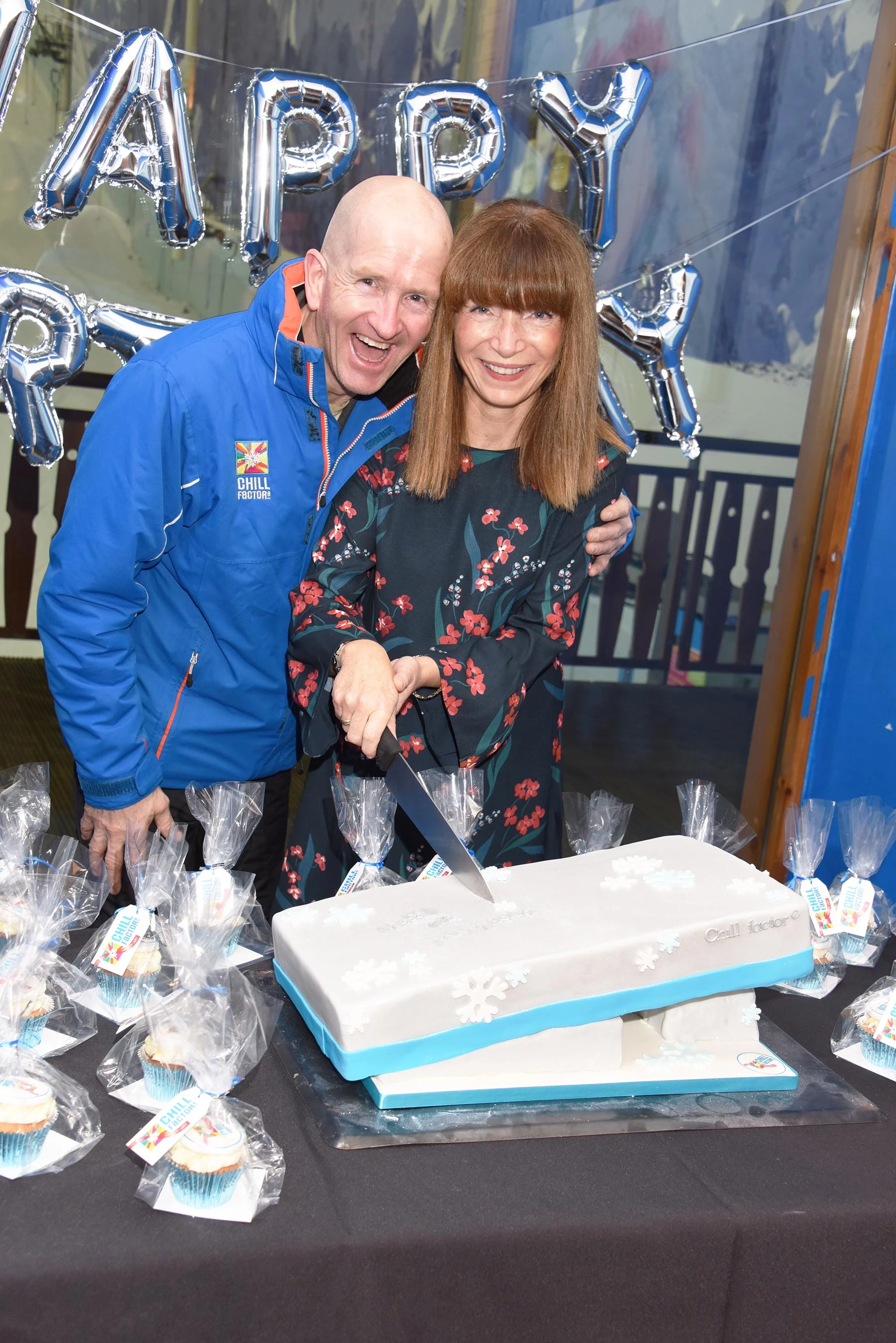 Eddie the Eagle and Chill Factore CEO Morwenna Angove cut the 10th Anniversary Cake