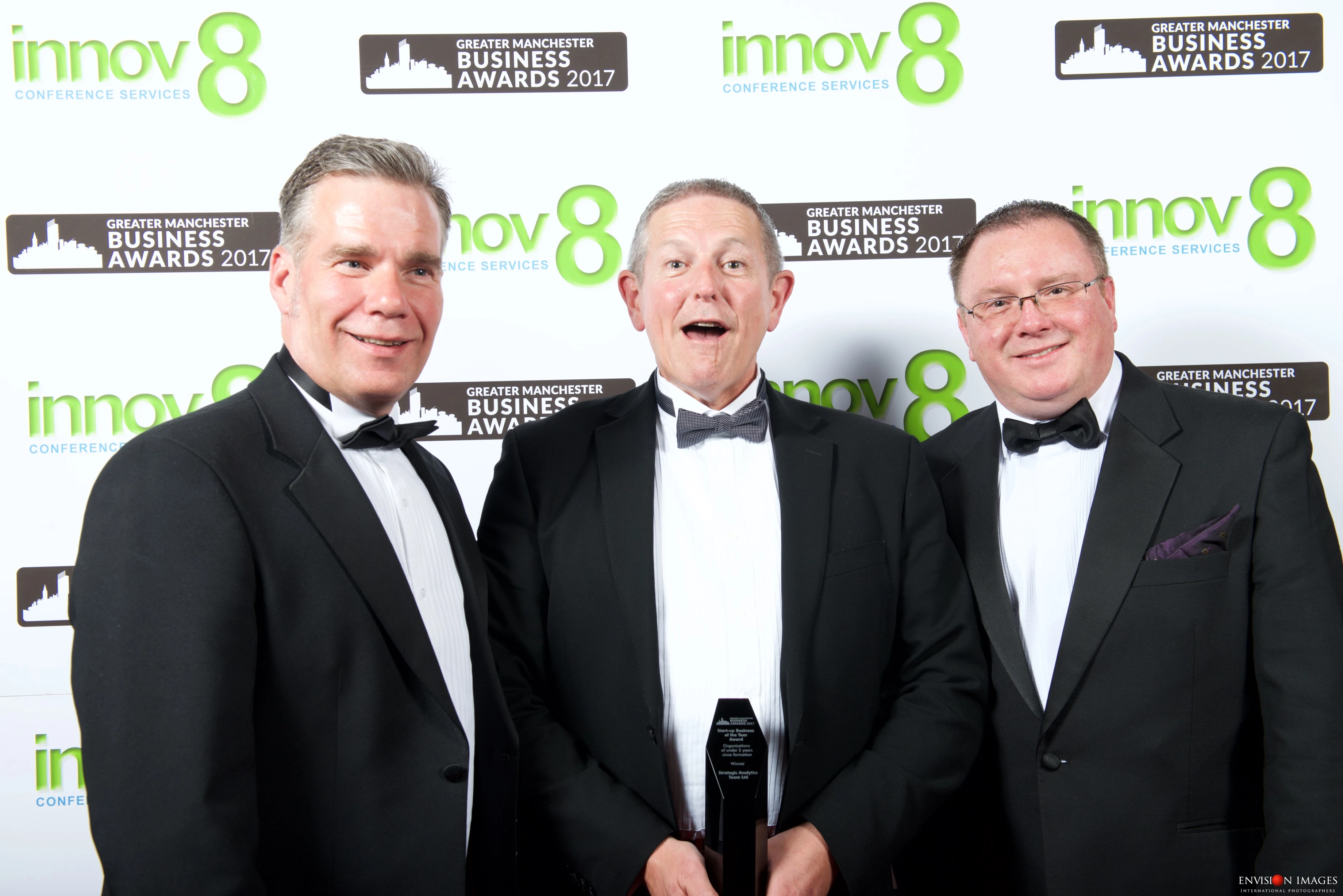 Paul Jorgensen (centre) collects the Greater Manchester Business Award for Start-up Business of the Year 2017 with his SAT colleagues.