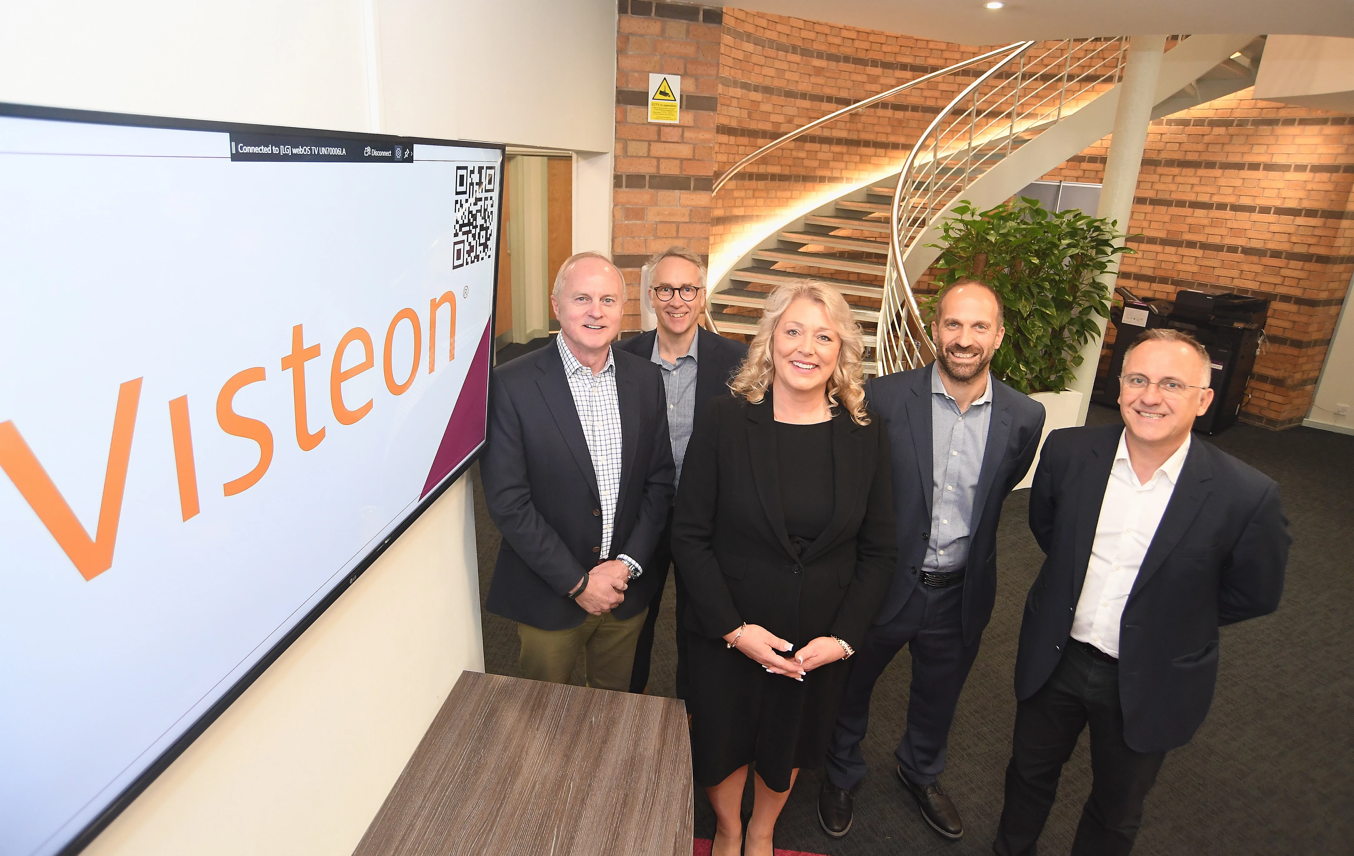 From left: Ian Scott, Andy Morton, Jane Talbot, Gary Waller (Program Director at Visteon), and Loick Griselain (Vice President and General Manager of Visteon Europe), at Warwick Innovation Centre