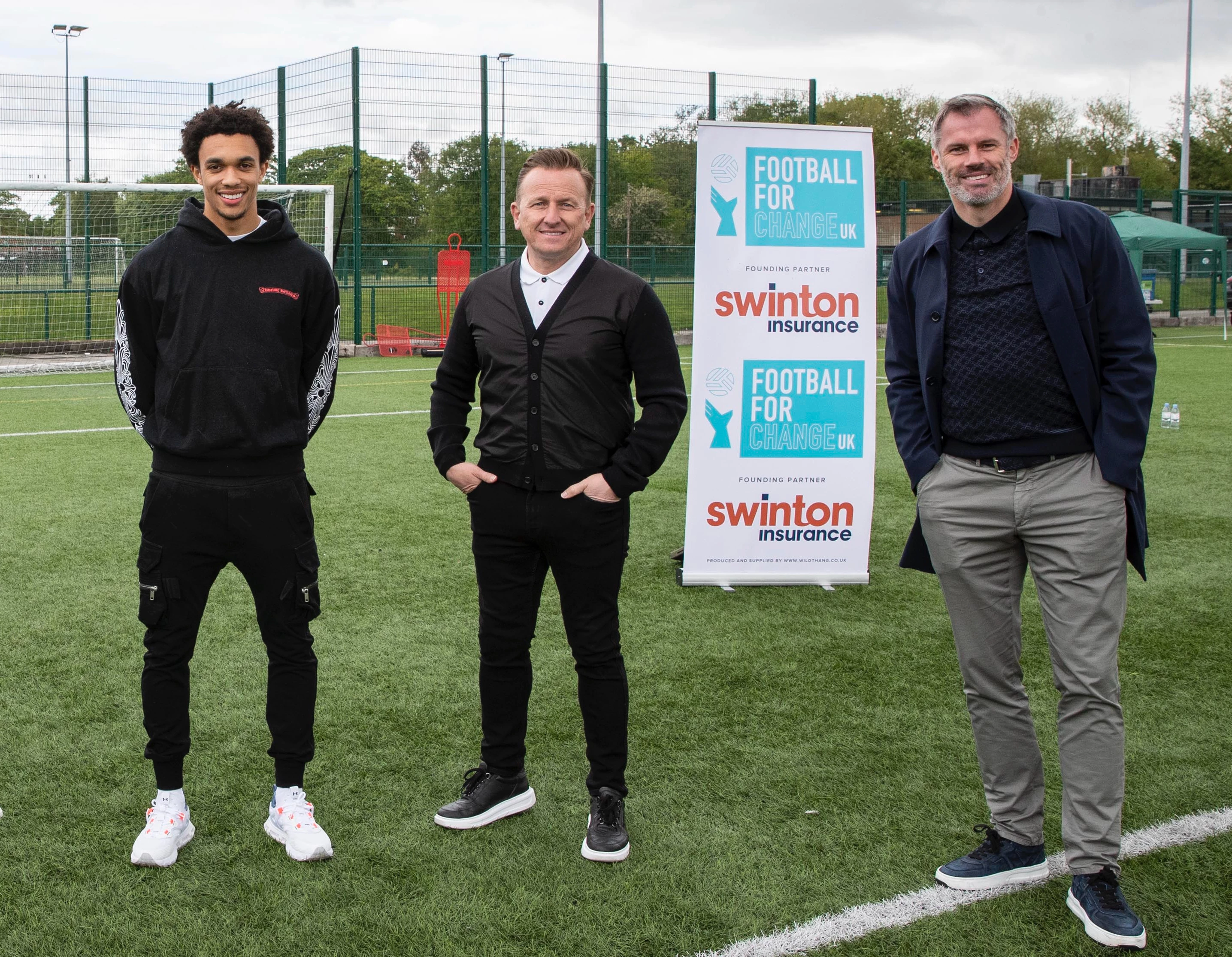 Ardonagh Retail CEO Ian Donaldson (centre) with Liverpool FC star Trent Alexander-Arnold (L) and Sky Sports pundit Jamie Carragher (R)