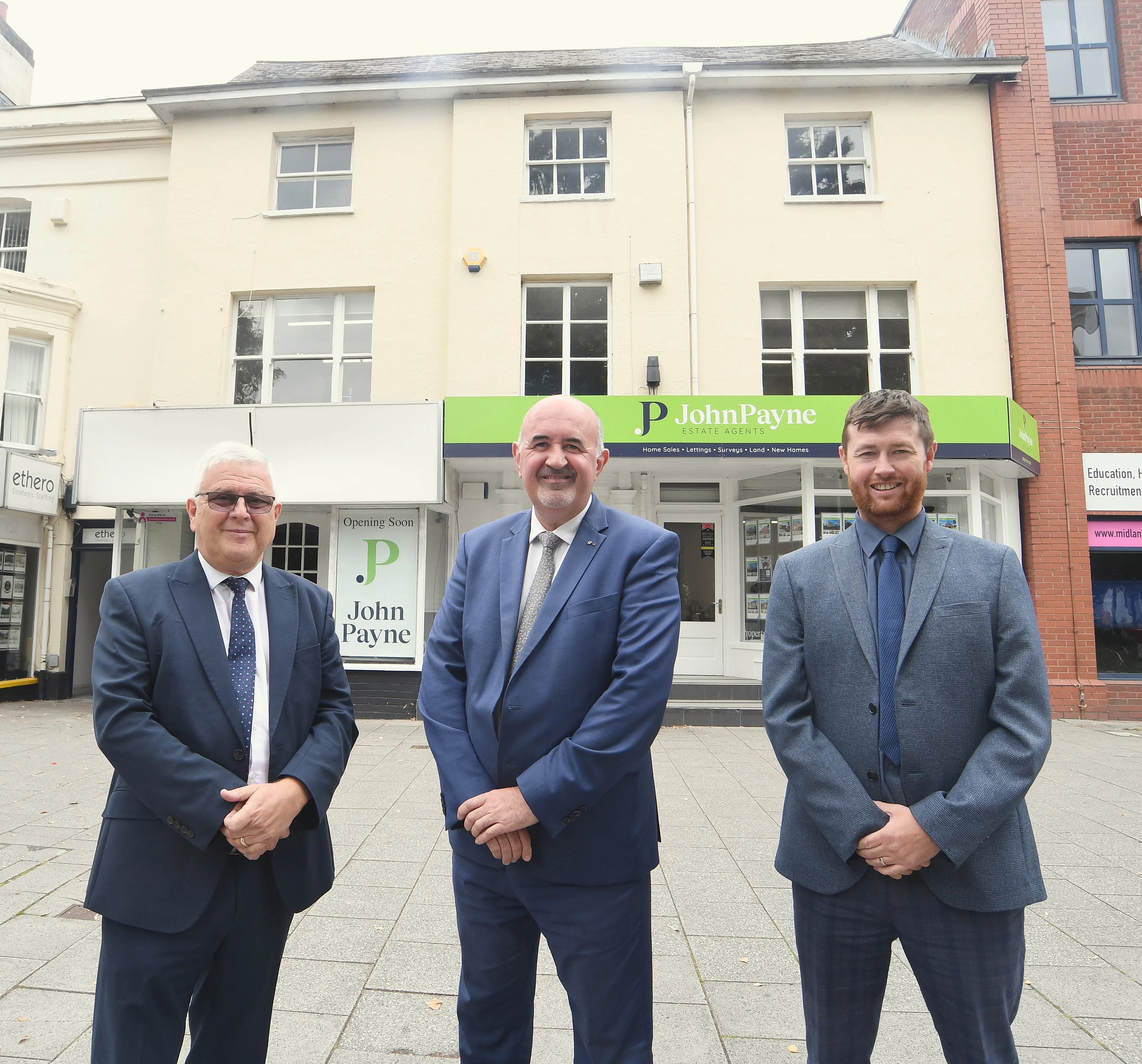 From left: Tony Twigger (Director at John Payne Estate Agents), John Payne, and Daniel Little (Director at John Payne Estate Agents) outside the new ‘super office’ at 23 Warwick Row in Coventry