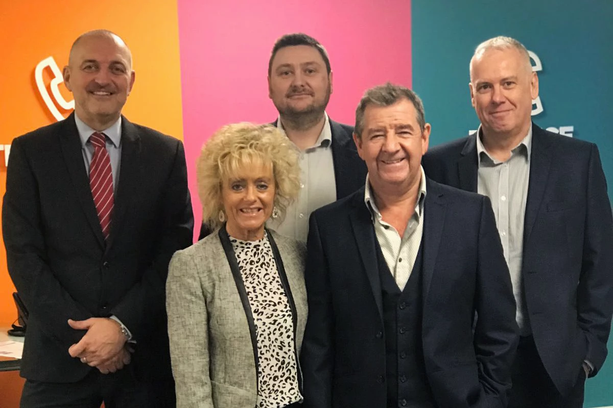 (L-R) Director of Transformation and Growth, John Jones, Financial Director, Hazel Burns, Operations Director, Gary Rodgers, Managing Director and Owner, John Burns and IT Director, Colin Grant.