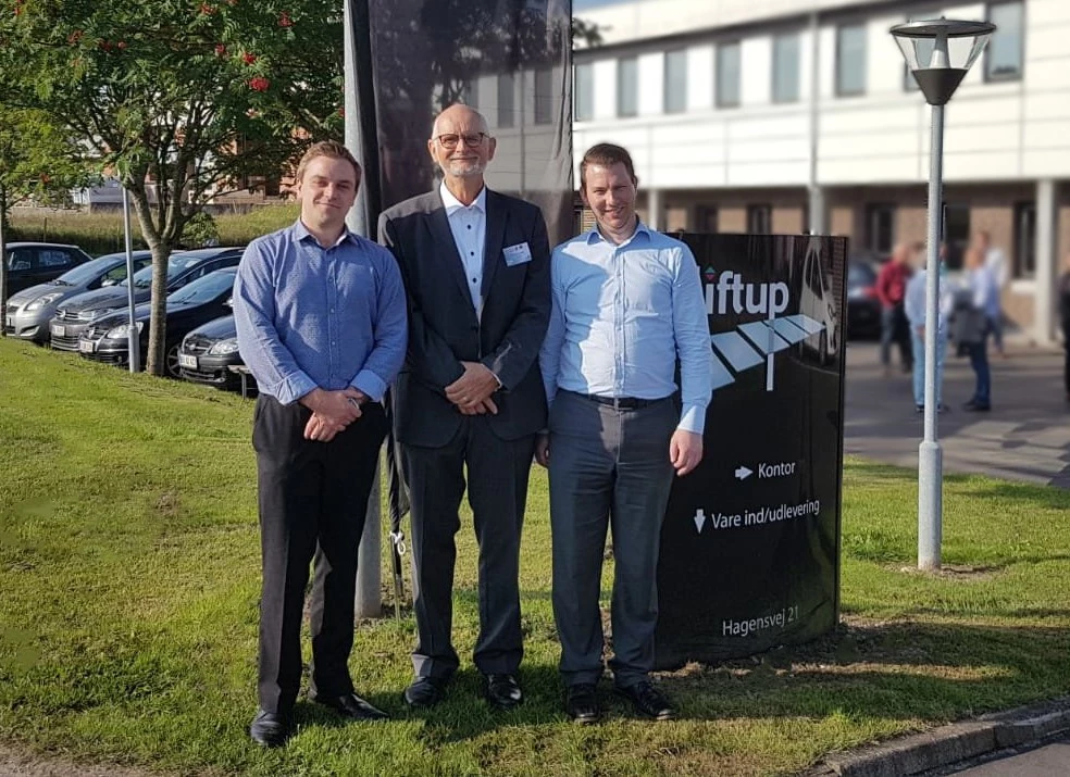 L-R: Tristan Hulbert, Helge Lund, and George Hulbert at the Liftup headquarters in Denmark