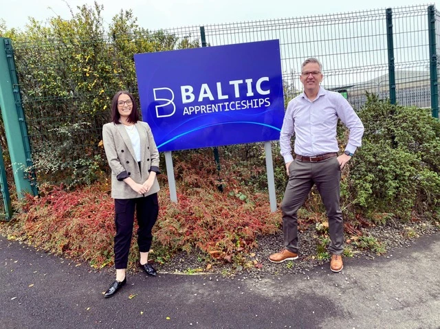 Brooke Urwin, Customer Success Director and Tony Hobbs, Managing Director outside Baltic Apprenticeships' Head Office