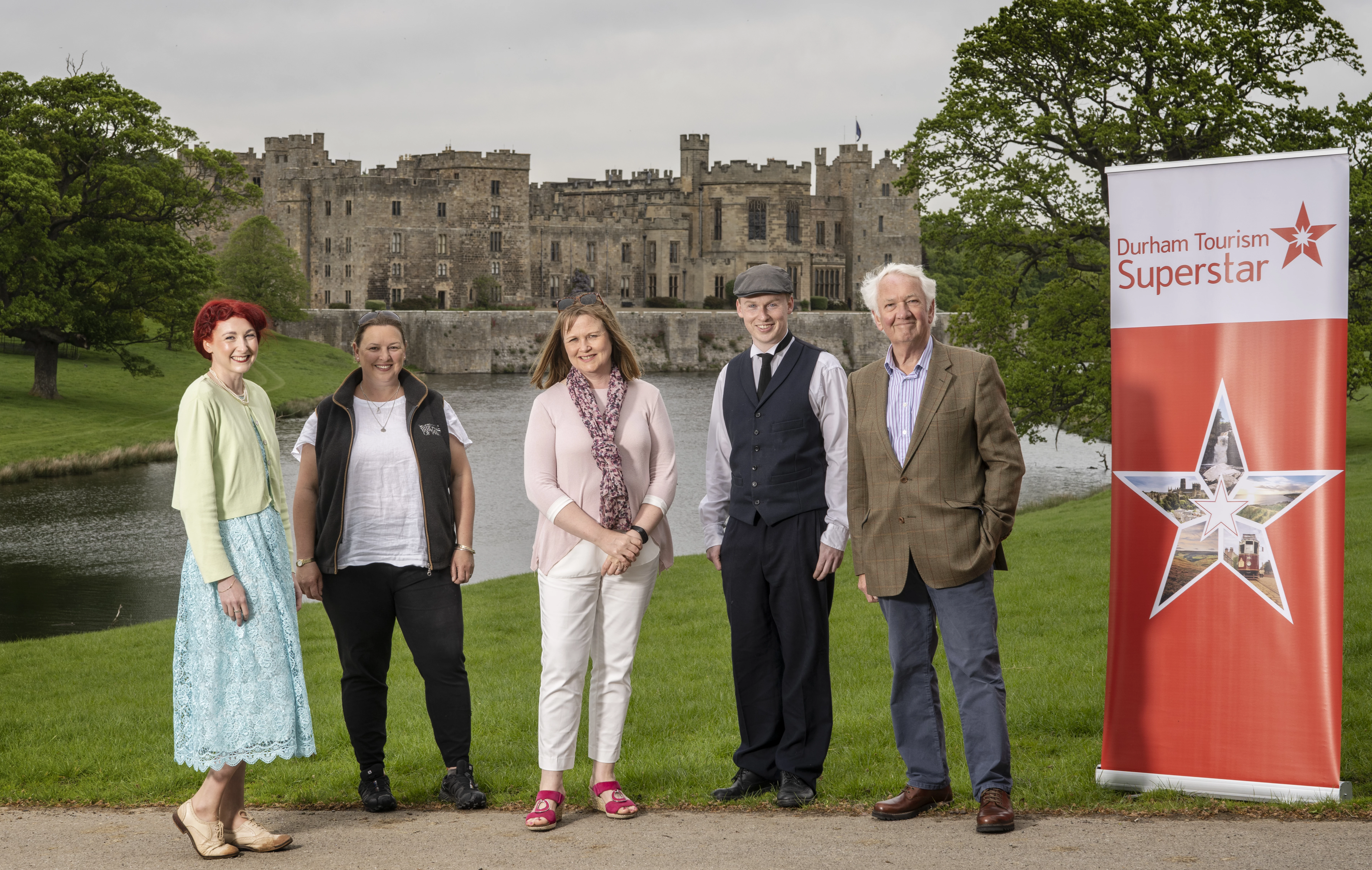 (L-R) Emily Hope (Beamish Museum), Tori Goodall (Walworth Birds of Prey), Cllr Elizabeth Scott (Durham County Council), Matthew Henderson (Beamish Museum) and Ivor Stolliday, Chairman at Visit County Durham.