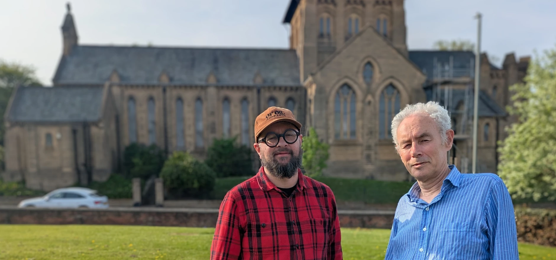 (L-R) Narbi Price and Mark Hudson in front of St Mary's church in Horden, one of the venues hosting part of the exhibition.jpg