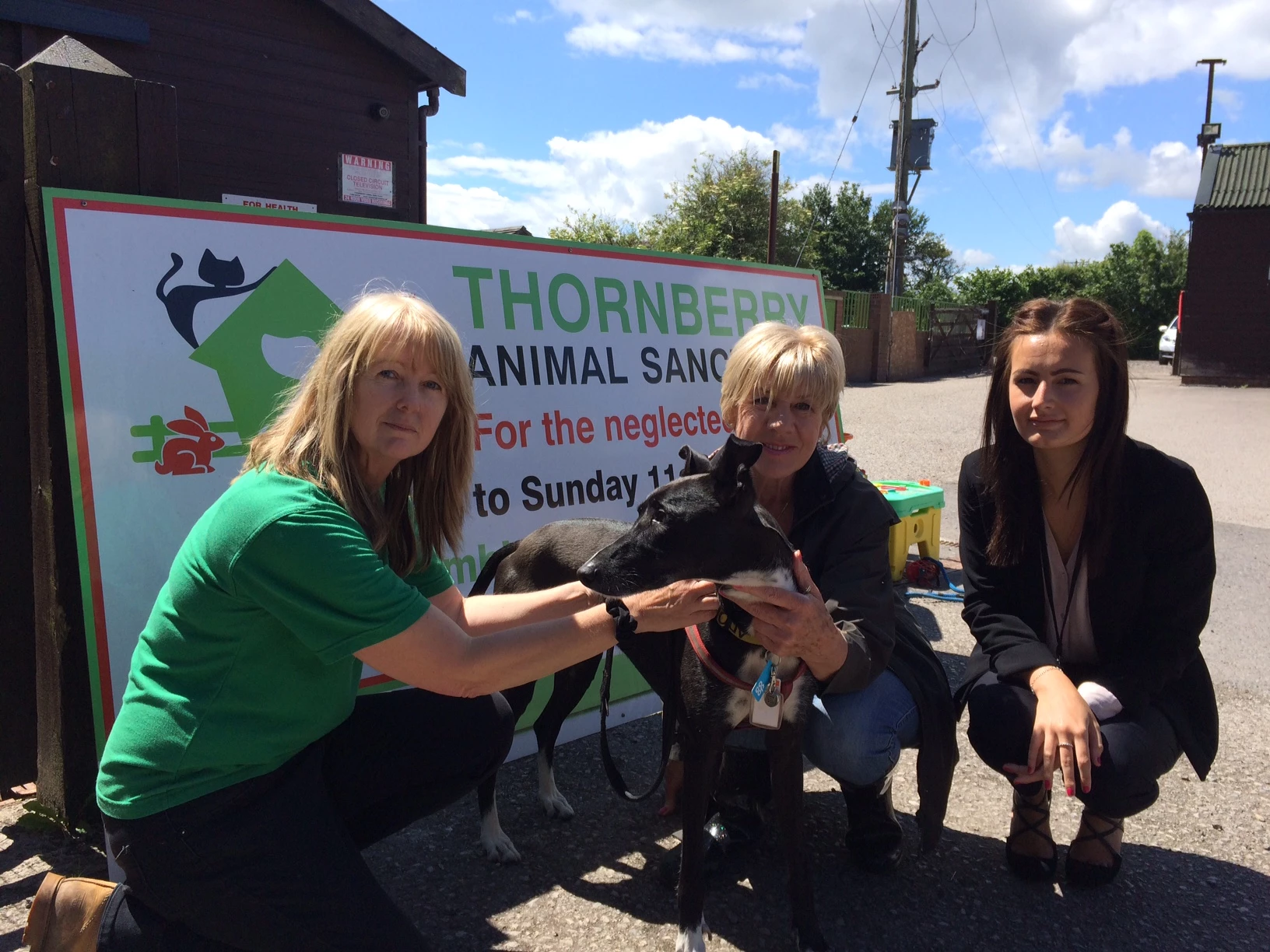New good cause…Thornberry Animal Sanctuary’s animal carer Annette Rigg, volunteer Mags Anderson and Lucas meet Bridie Mulgrew from Wake Smith Solicitors. 