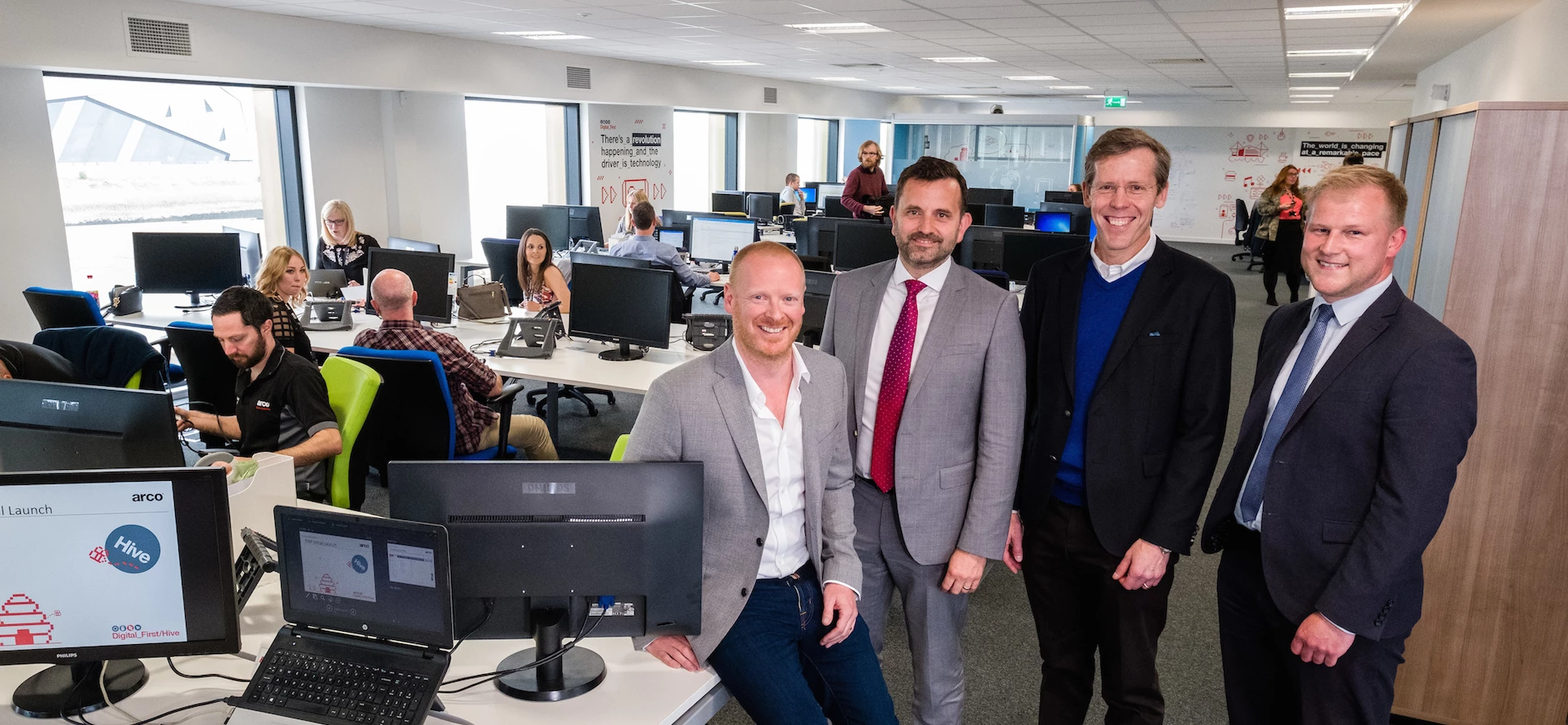 Arco Digital Director Richard Martin, Wykeland Group Managing Director Dominic Gibbons, Arco Chief Executive Neil Jowsey and Wykeland Asset Manager John Gouldthorp in the new home for Arco’s digital team.