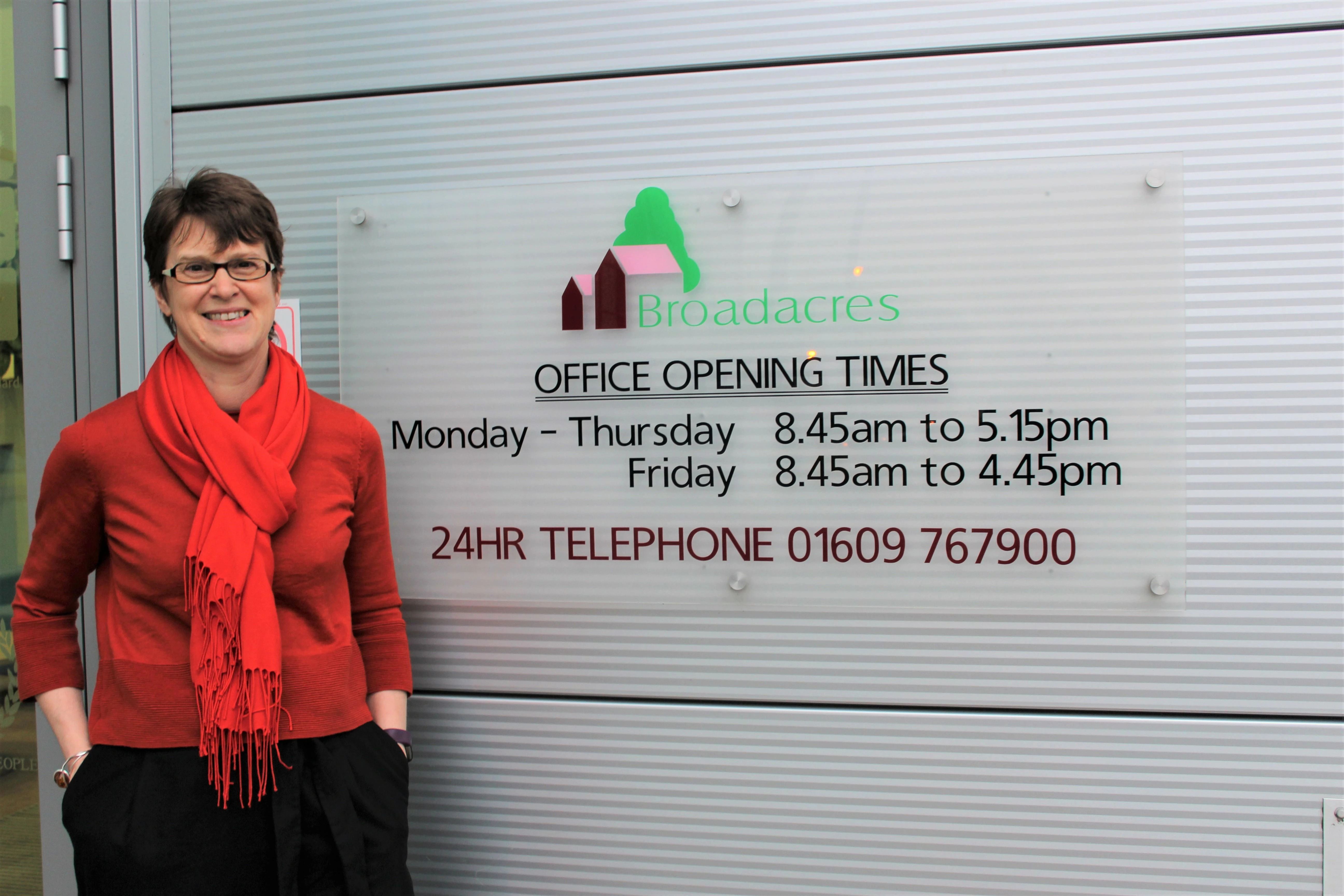 Gail Teasdale outside the Broadacres head office in Northallerton