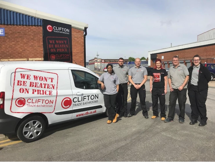 Pictured: Clifton Trade Bathrooms' Branch Manager Matt Cohen and Co at new showroom in Huddersfield, opening July 2018. 