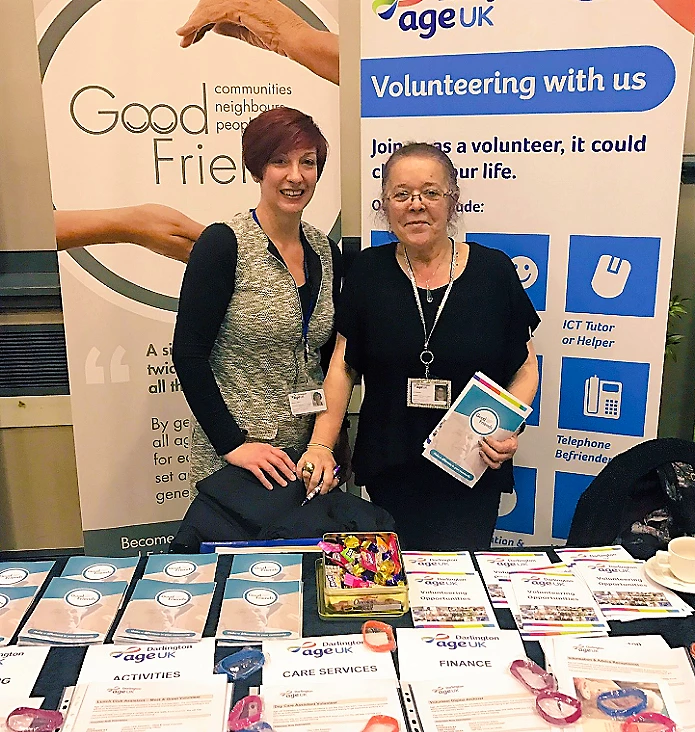 (L-R) Sharon Vasey, Befriending Co-ordinator, and Lynn Walton, Volunteer Manager, of Age UK North Yorkshire & Darlington had a great time exhibiting at last year’s Volunteering Fair